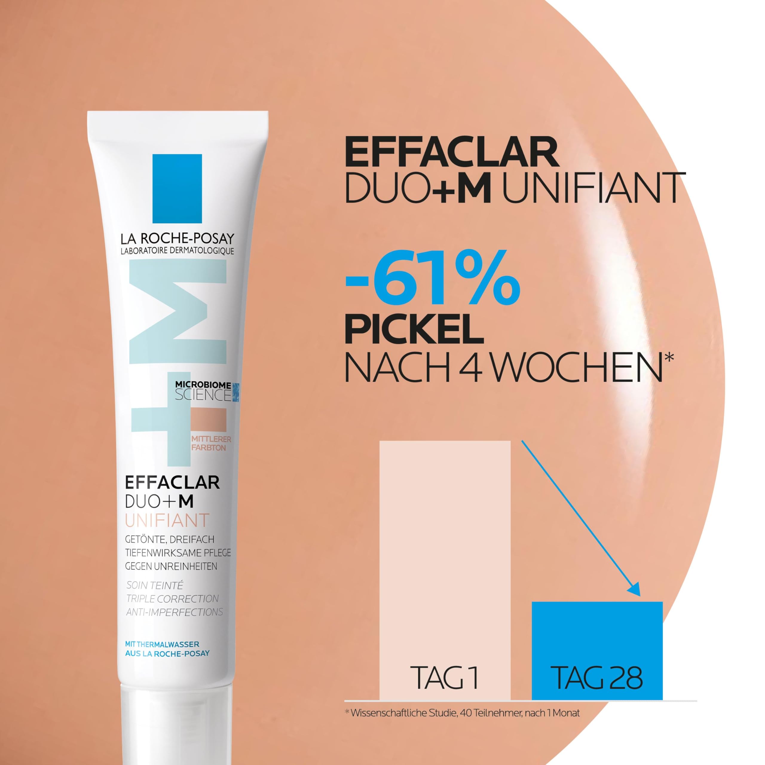 La Roche Posay Effaclar Duo+M Unifiant Mittel, Getönte Gesichtspflege, Dreifach korrigierende, tiefenwirksame Pflege gegen Unreinheiten und Pickelmale, Anti-Rückfall, Für zu Akne neigende Haut, 40 ml