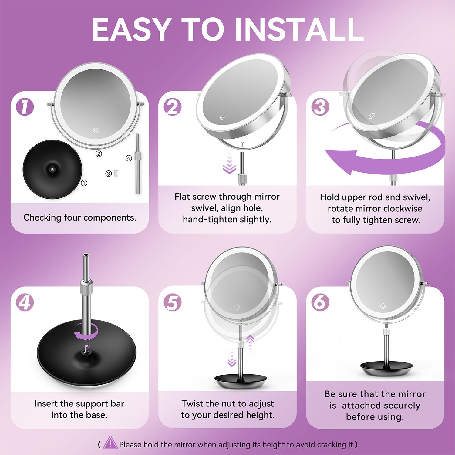 Auxmir 9" Miroir Grossissant Lumineux, 1X/30X Double Face, Miroir de Maquillage Réglable en Hauteur de 38 à 47 cm, 3000mAh Chargement USB, Miroir de Table 3 Couleurs Lumière Réglables, Rotation à 360°
