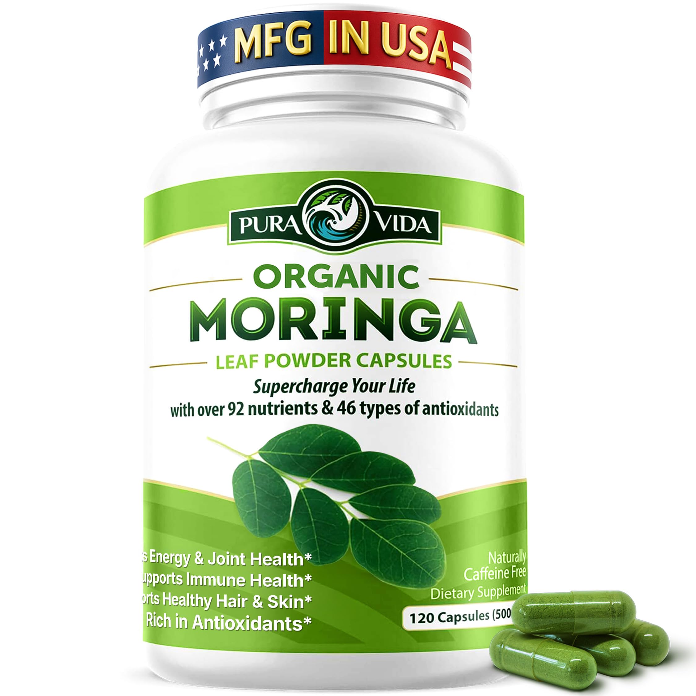 PURA VIDA MORINGA Capsules Single Origin Moringa Powder Organic. Pure Moringa Leaf. Energy, Metabolism, & Immune Support. 120ct. 500mg Caps.