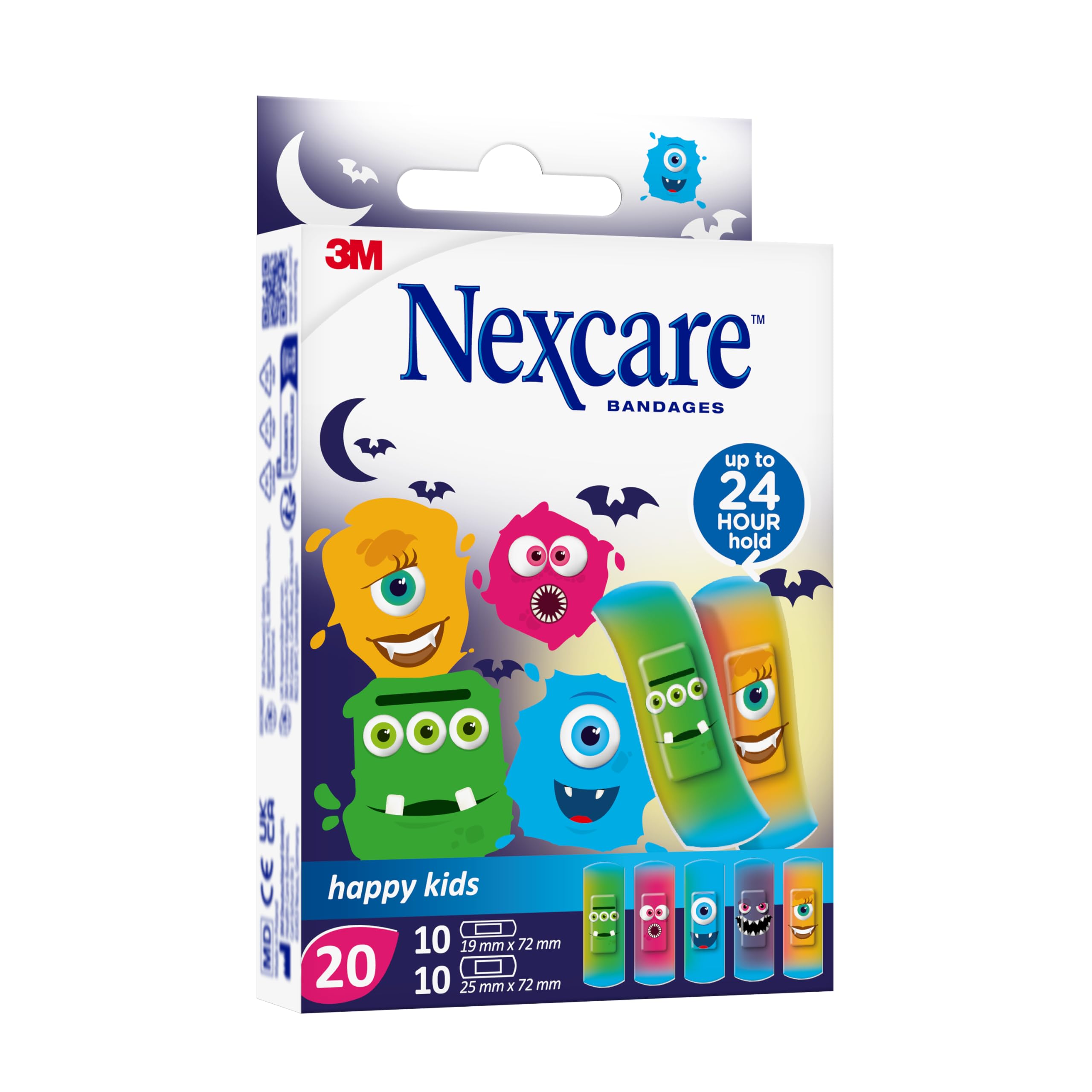 Nexcare Monsters Kids Plasters Assorted by 3M Pack of 20, Playful Friendly-Monster Design Bandages that Make Boo-Boos Brave, Gentle Flexible Plasters in Assorted Sizes for Children's Cuts & Grazes