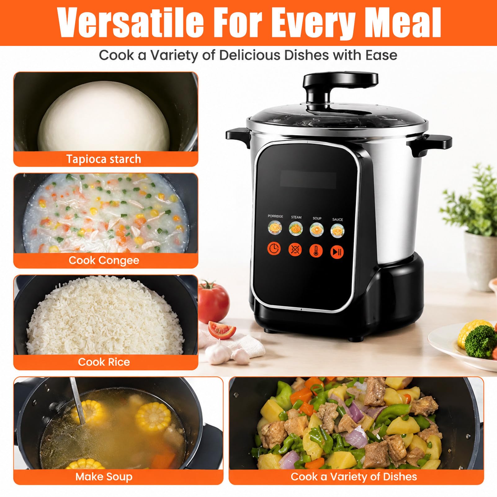 Robot de Cocina automático de 8 L con Revestimiento Antiadherente: Ideal para Preparar *nshima* (Masa de harina), arroz, sopas, Mezclas, Carne picada y Salsas.
