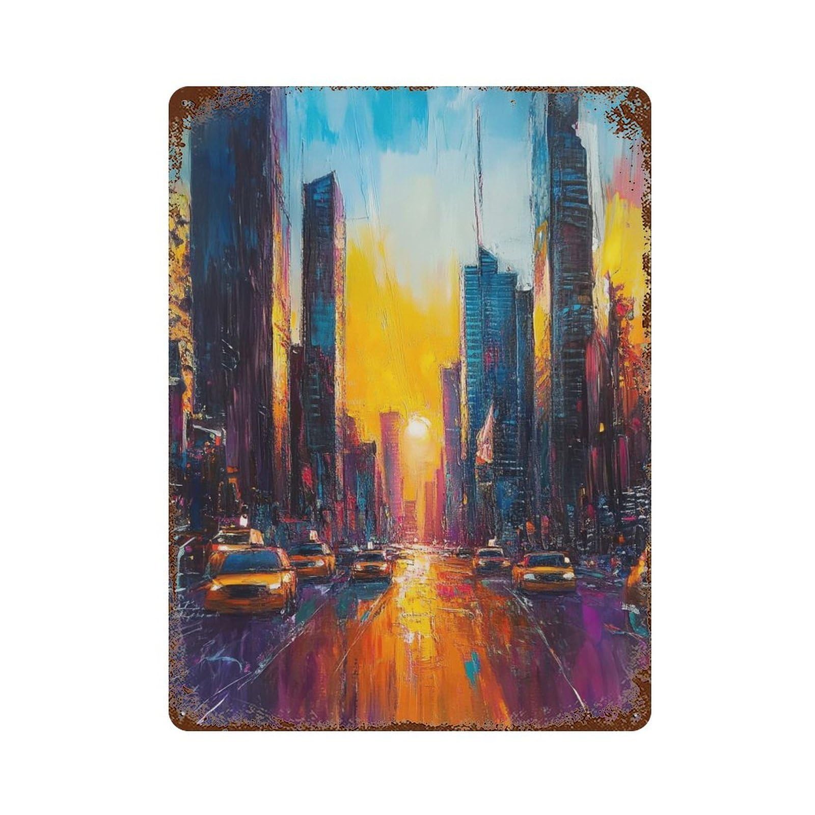 Retro Metal Sign with Sunset Cityscape Design 15.7"x11.8", for Office, Studio And Wall Decor, Retro Wall Decor