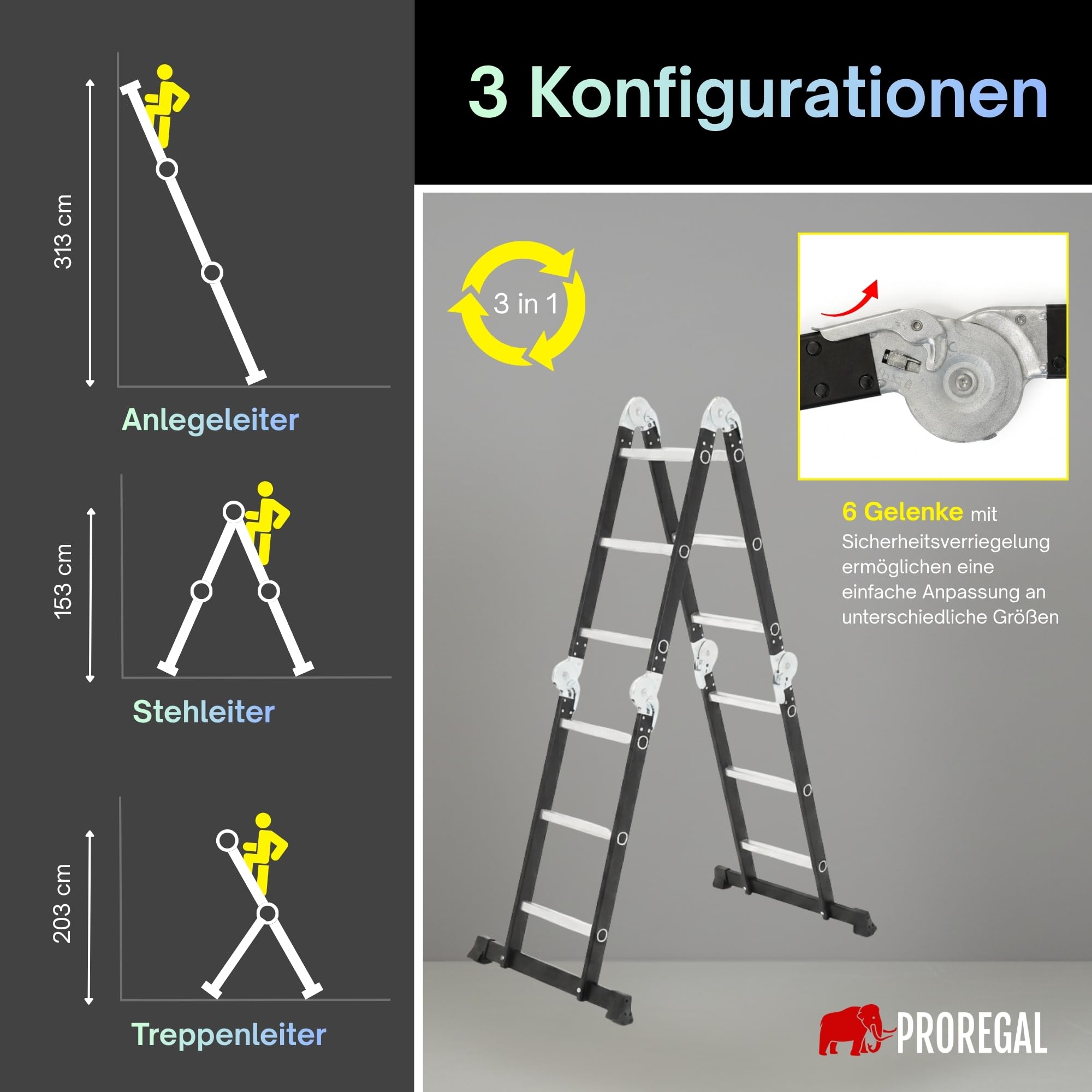 Échelle Multifonction MULTISTEP 3 Sections en Aluminium 4x3 barreaux Noire Hauteur maximale : 3,13 m Charge maximale : 150 kg Escabeau, échelle Extensible