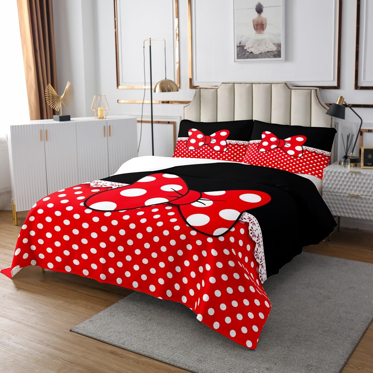 Homewish Bowknot Bedspread King Size,White Dots Coverlet Set 3pcs for Kids Teens Girls Boys Room Decor, Romantic Princess Style Quilted Coverlet Red and Black Bedding Quilt with 2 Pillowcases