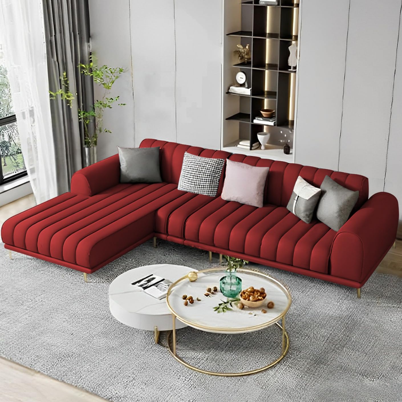 Casaliving Herrick L Shape Sofa Set with for Living Room (Maroon, 4 Seater - LHS)-image-1