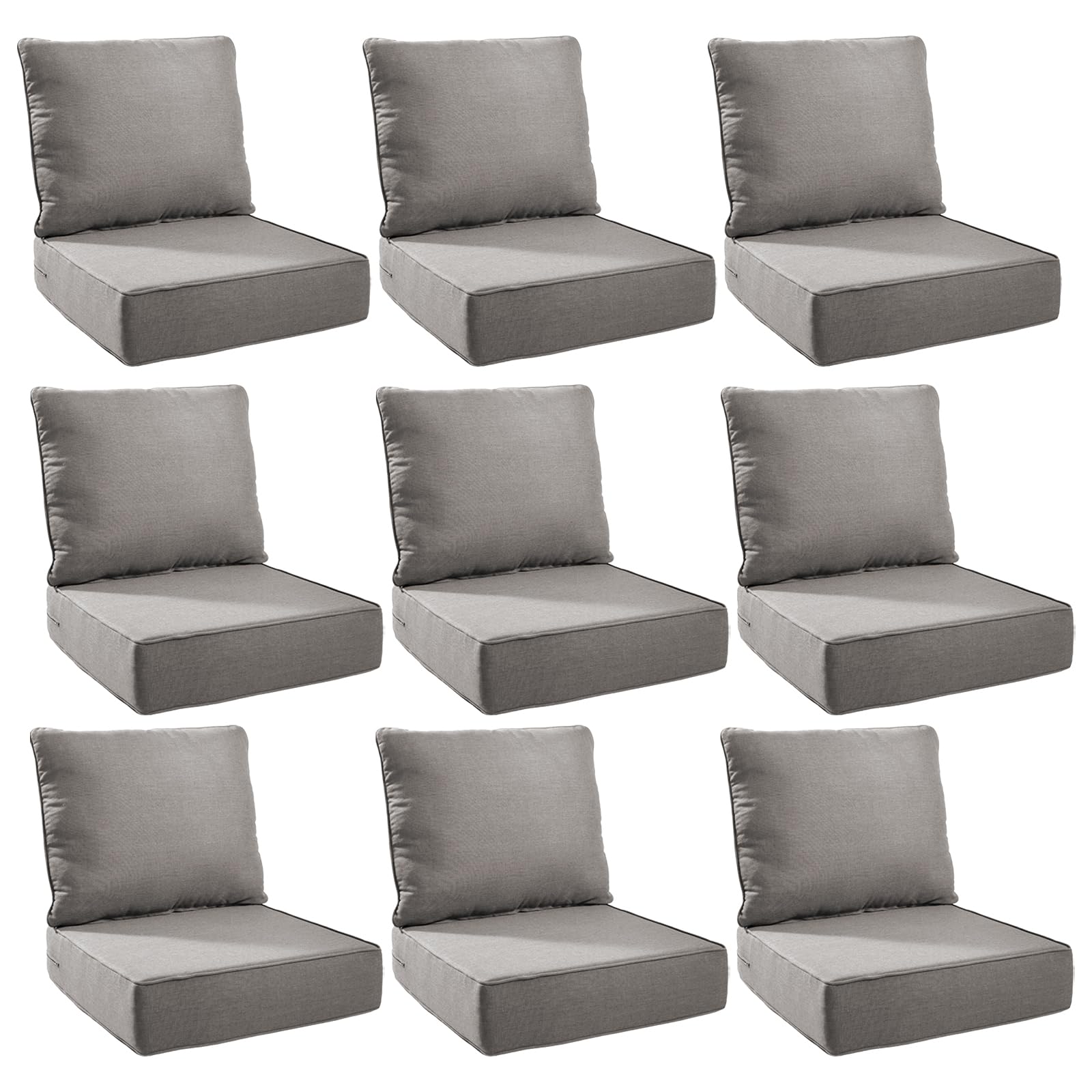 Outdoor Cushion Set for Patio Furniture, UV Resistant, Water Resistant - 6 Inch Thick Foam Garden Cushions– 24x24 Inch Patio Seat Covers for Chair/Sofa/Couch | Grey | 9-Pack |