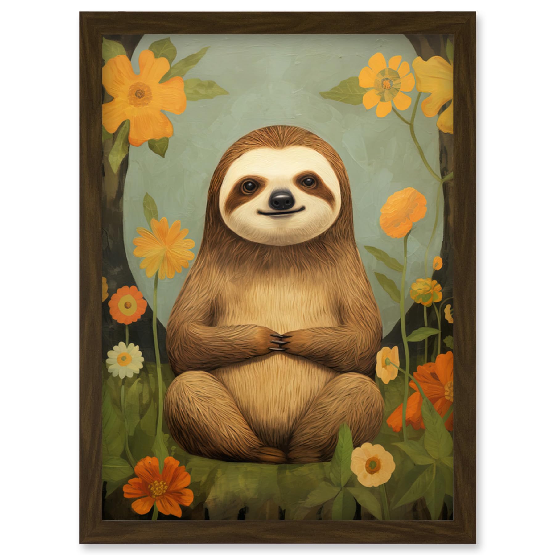 Artery8 Smiling Sloth Meditating in Forest Flowers Kids Bedroom Artwork Framed Wall Art Print A4