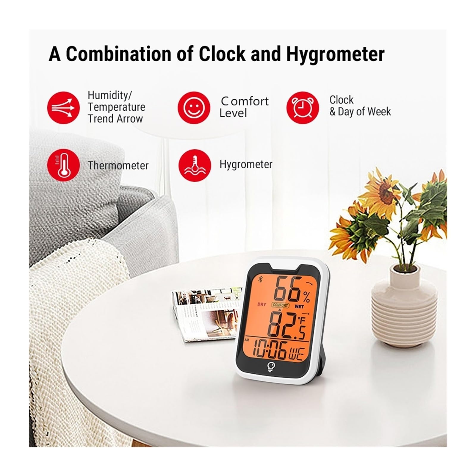 Termoigrometro retroilluminato Bluetooth con App Digitale Stazione meteorologica Termoigrometro per Interni per la casa con Orologio e Giorno