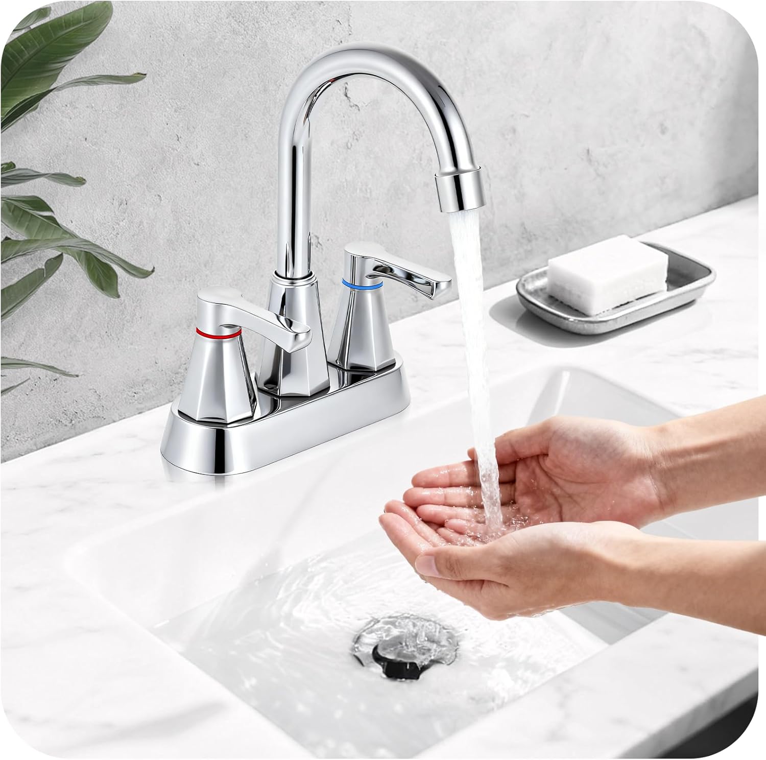 Polished Chrome Bathroom Faucet 3 Hole, 4 Inch 2-Handle Centerset Bathroom Sink Faucet, Faucet for Bathroom Sink 360° Swivel Bathroom Faucets RV Lavatory Vanity Faucet with Pop-up Drain