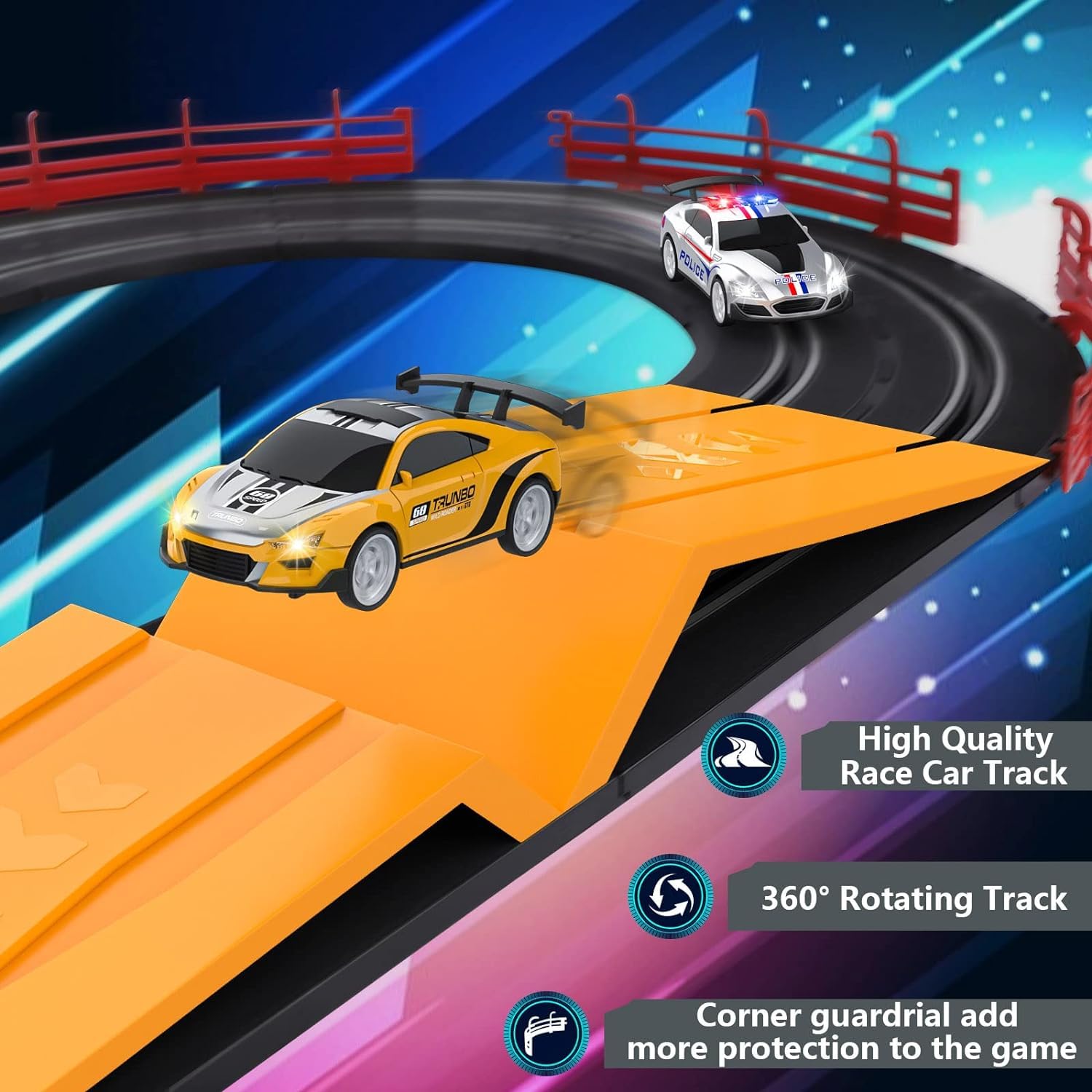 FLUESTON High-Speed Slot Car Electric Racing Track Playset for Boys with 2 Slot Cars and 2 Hand Controllers, 1:43 Scale with Headlights and Dual Racing, Toys (Soba 2 Car Track Set Electric_27 4