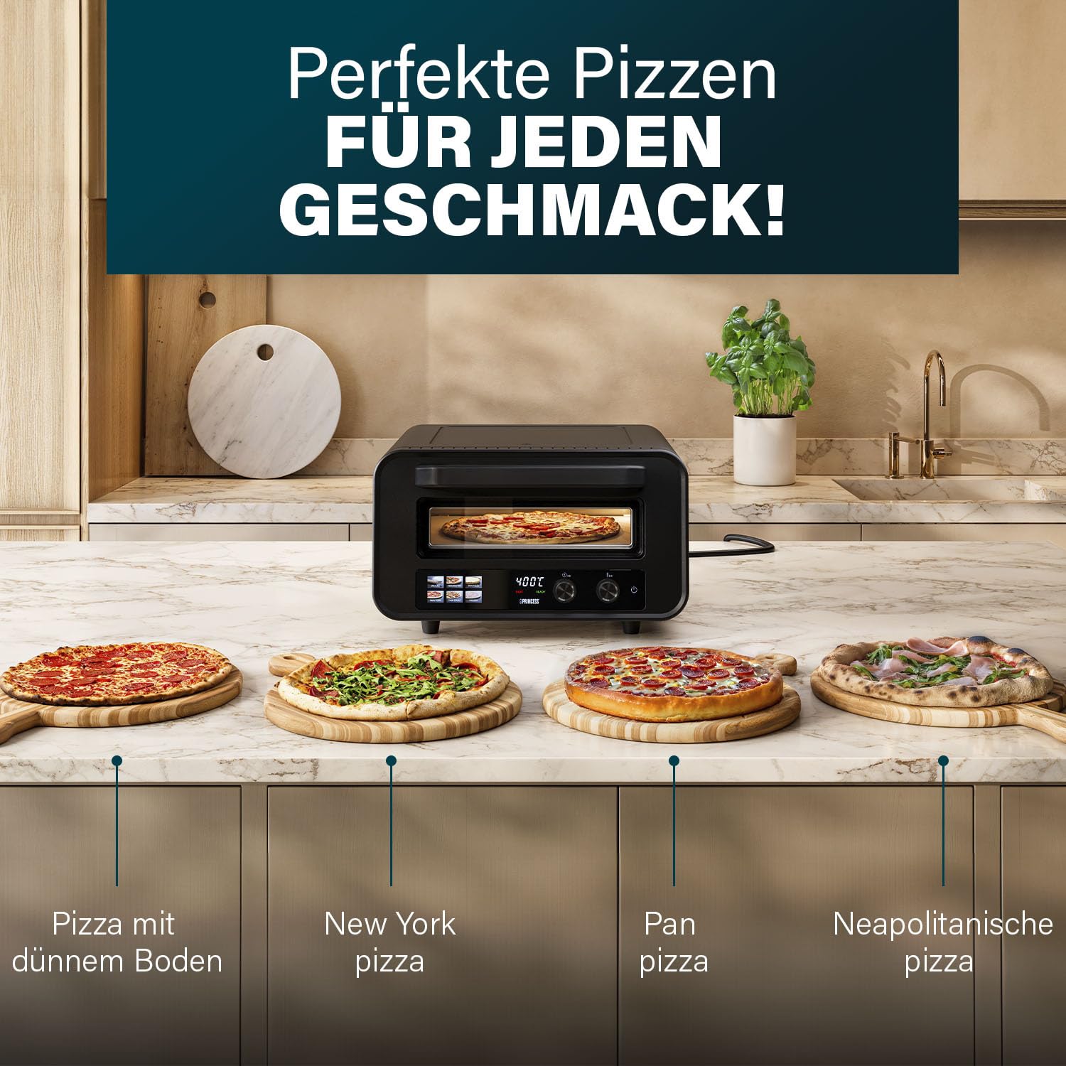 Princess Pizzaofen Pro Max, 15L, 400°C, Digitales Bedienfeld, 2100W, Pizzastein & Schaufel, Ober-/Unterhitze, Timer, Kühle Tür, Kompakt & Tragbar, Für Innen-/Außenbereich, 112780