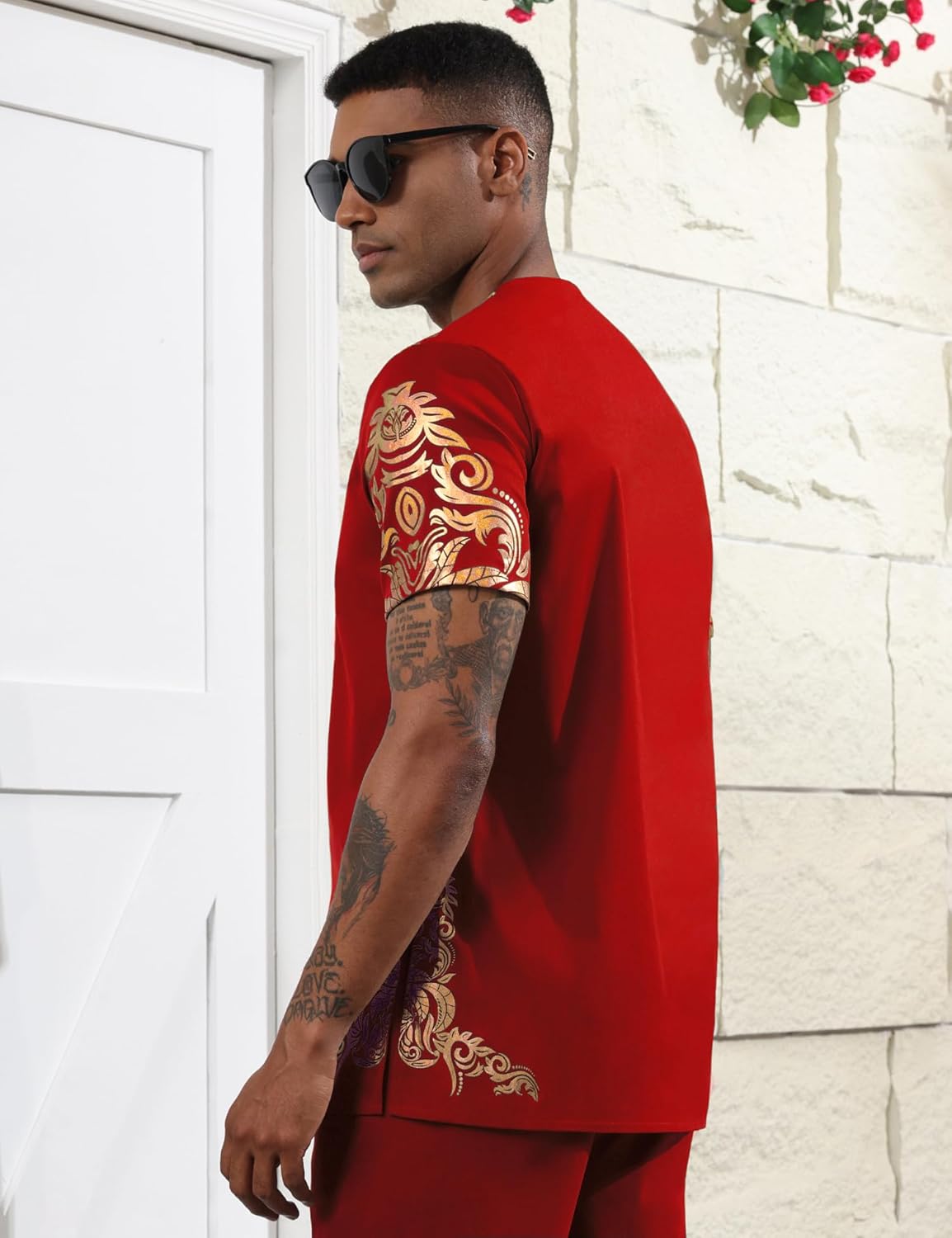 Mens African 2 Piece Set Nigerian Dashiki Metallic Short Sleeve Suit Gold Stamp Printed Shirt and Pants Outfit - Image 4