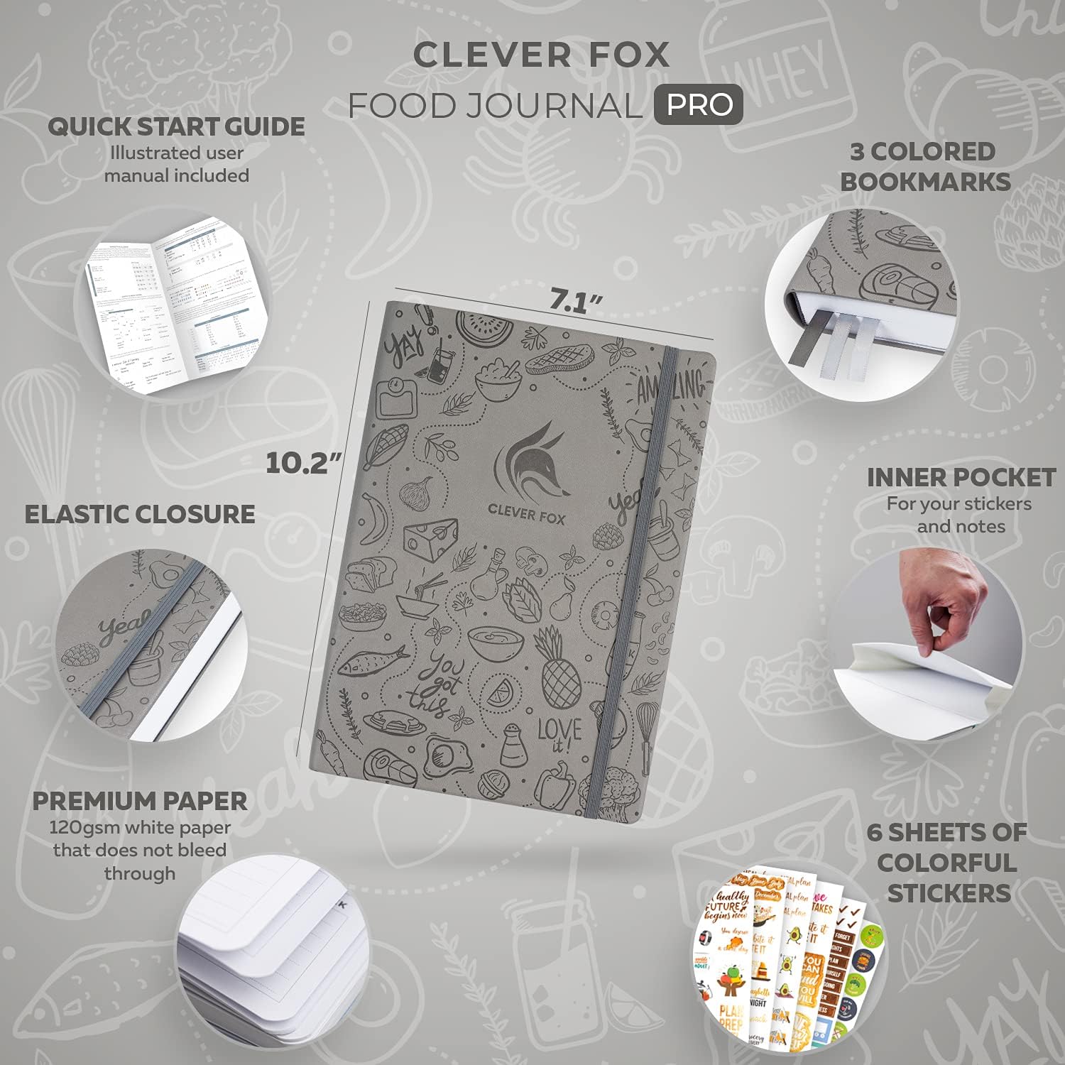 Clever Fox Food Journal Pro – Diet & Wellness Planner for Women & Men – Weight Loss Diary with Calorie Tracker – Food Log for Tracking Meals, Exercise & Weightloss - Undated, 7" x 10" Grey : Sports & Outdoors