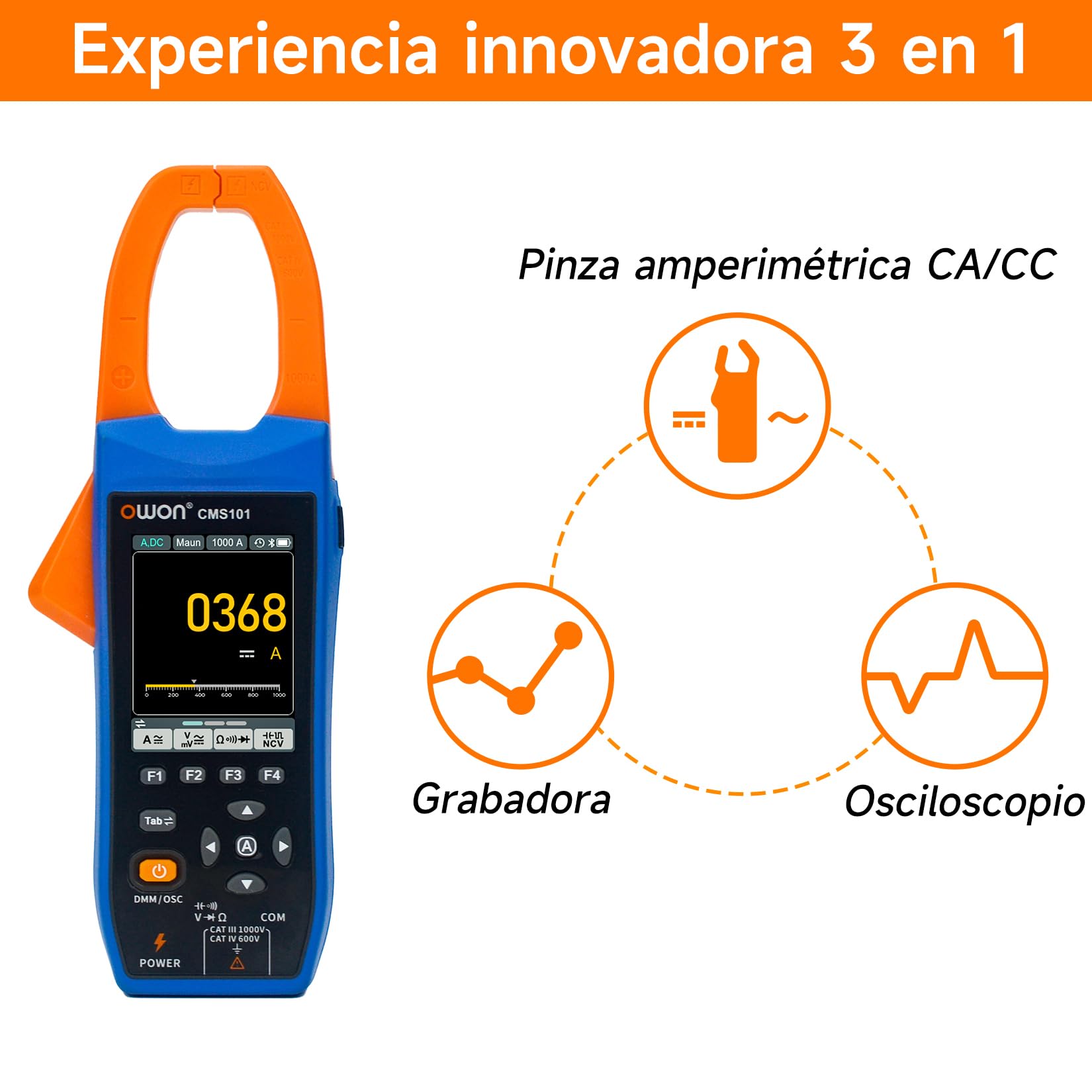 OWON medidor de pinzas AC/DC, función de escritura, 3 en 1 (osciloscopio, medidor de corriente y voltaje), vehículo eléctrico Bluetooth