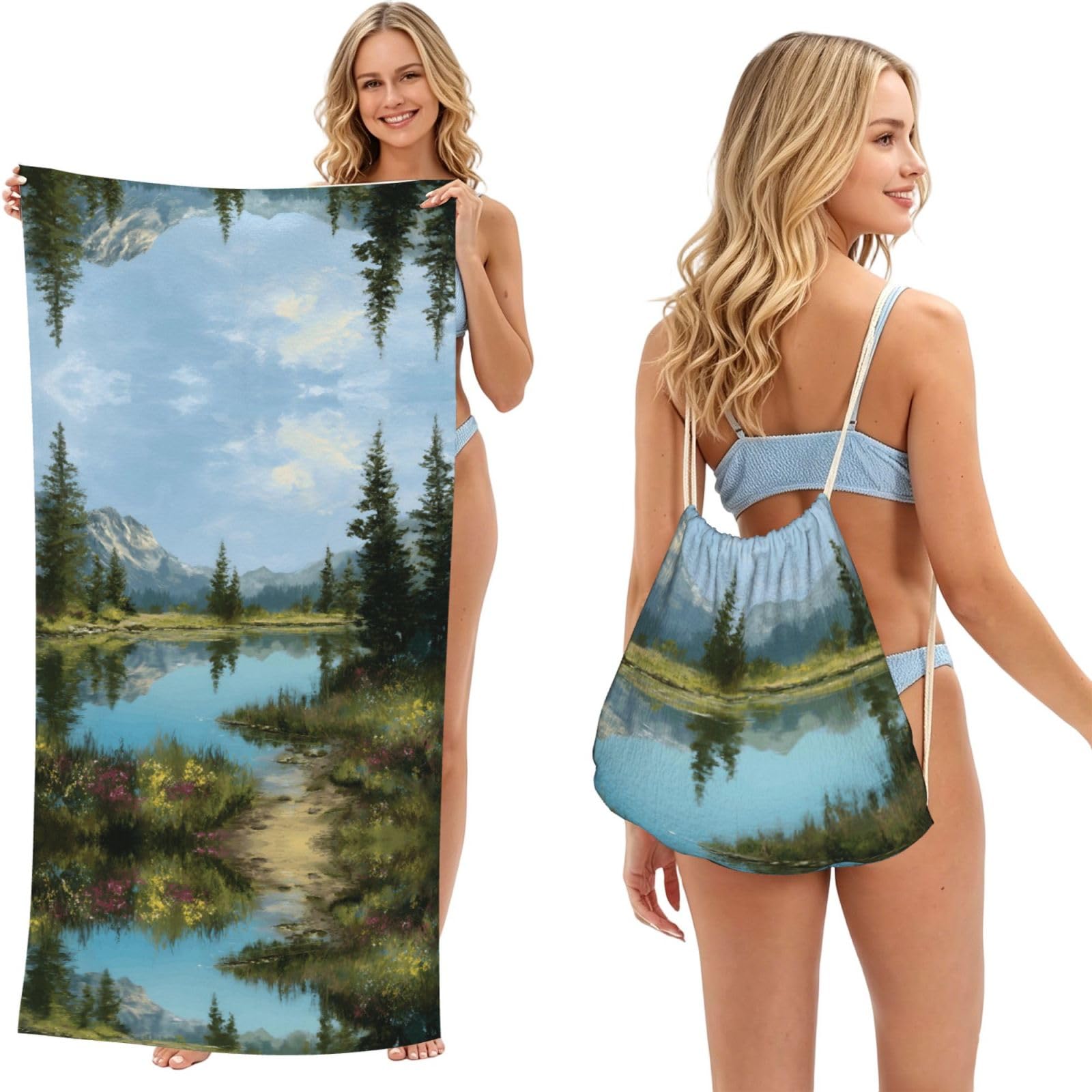 ESNAIUVCD Tranquil Lake Print Beach Towel For Adults,Towel With Drawstring Bag, Travel Pool Swimming Sports Shower Sand Free Quick Dry Bath Towel For Pool, Beach, Yoga- 180x60cm