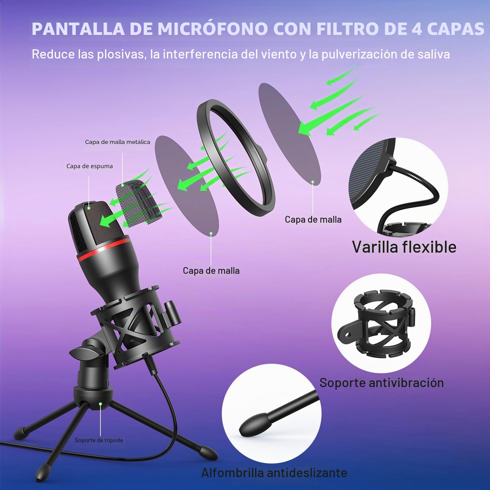 Hoppac Micrófono USB Profesional para PC, Microfono Condensador con Trípode y Filtro Pop, Plug & Play Microfono Compatible con PC, Portátiles, PS4/5, Microfono para Streaming, Podcasting, Youtube