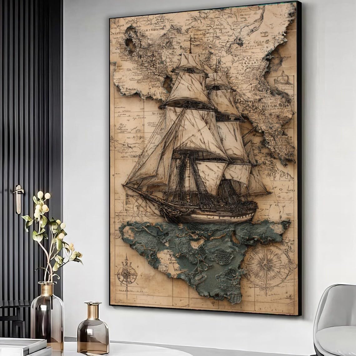 Yusuzhu Frameless Vintage Sailing Ship Canvas Wall Art, Antique Nautical Map Decor,Old World Maritime Canvas Classic Sea Art Ready To Hang(50X75cm/Frameless)