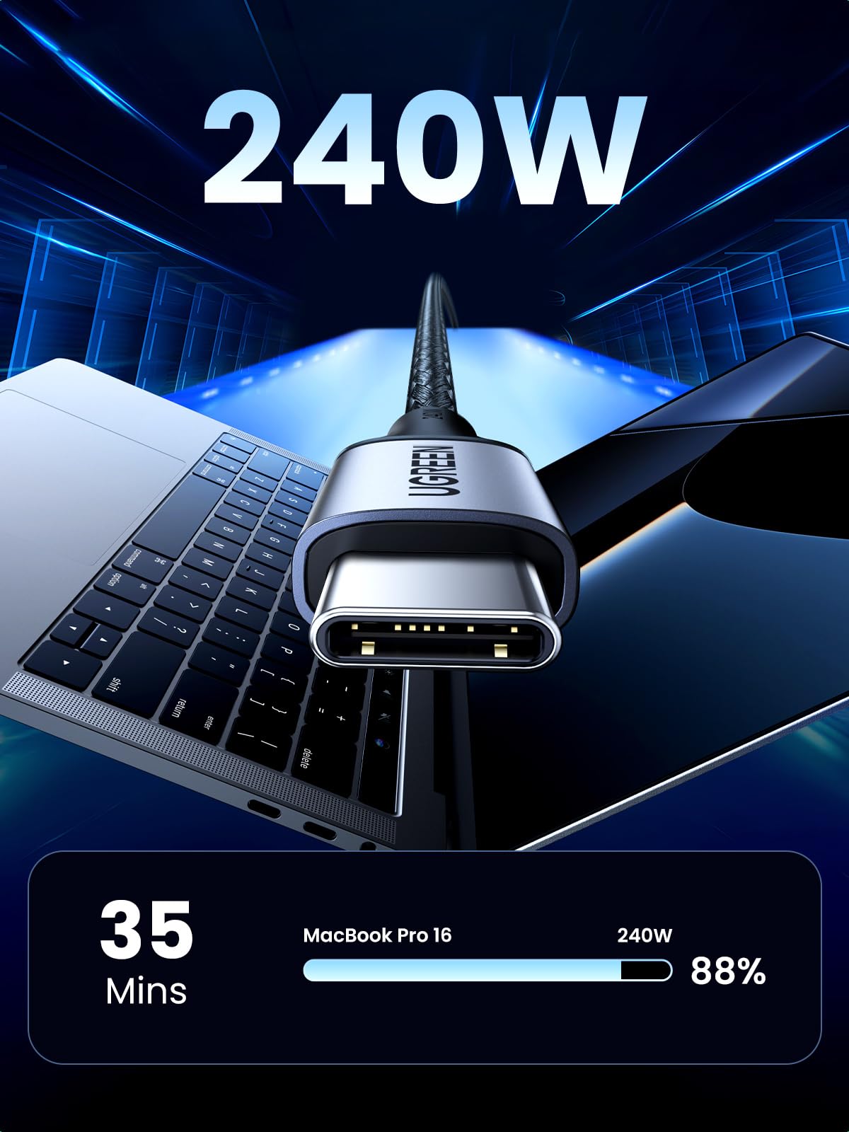 CABLETEX USB-C Ladekabel 240W, 1m – Power Delivery 3.1, QuickCharge Kompatibel, Für MacBook, Laptops & Smartphones