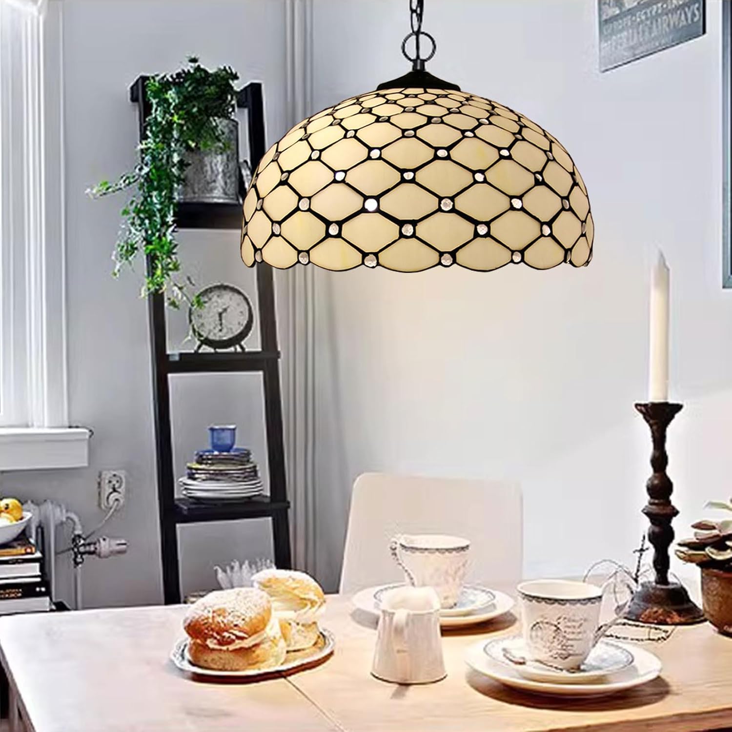 16 Inch White Crystal Beads Lamp Shade Replacement, Only Tiffany Stained Glass Lamp Chimney, Vintage Handmade Light Cover Accessories for Table Lamp Floor Lamp Pendant Light Fixture