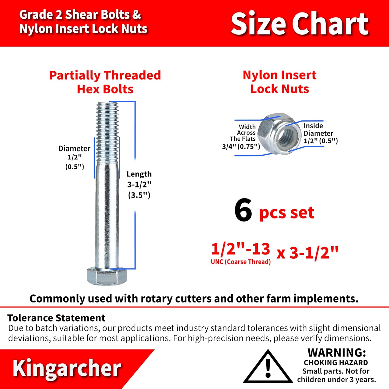 Kingarcher Grade 2 Shear Bolts for Rotary Cutters and Farm Implements, 1/2”-13 x 3-1/2”, with Nylon Lock Nuts, 6-Pack