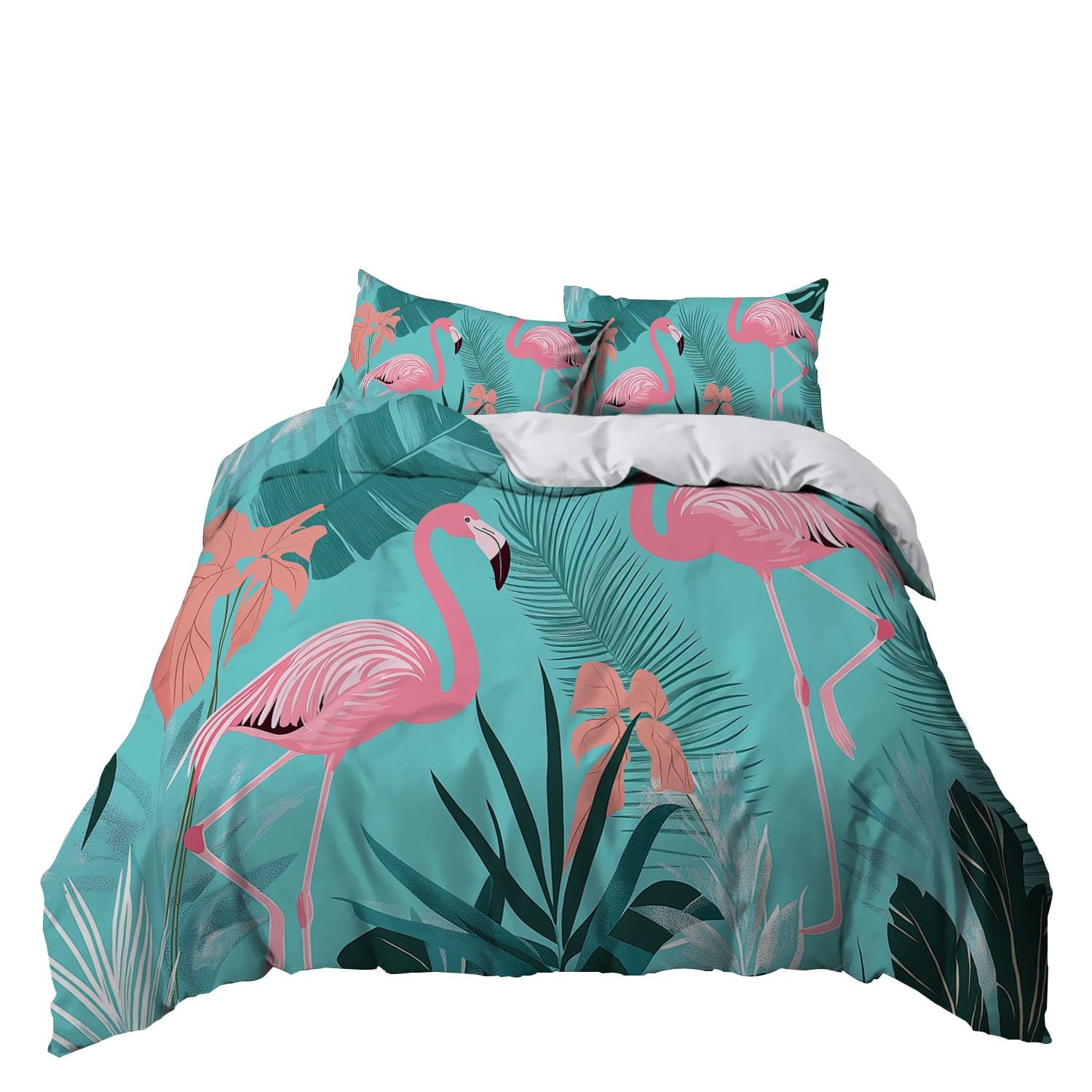 Funda Nordica Cama 90 de 3 Piezas Plantas Tropicales y flamencos Juego de Funda Nordica 150x200 cm Suave Transpirable y 2 x Fundas de Almohada de 50x75 para Ropa de Cama Infantil Niño Chico Niña