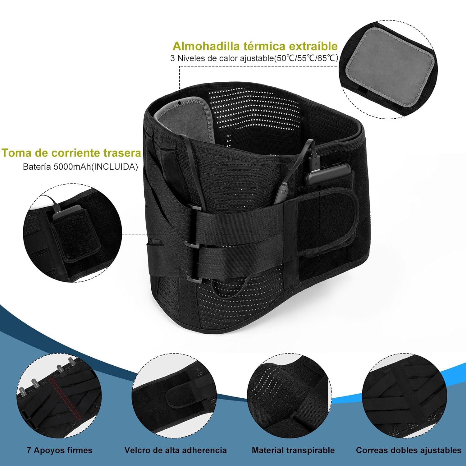 HONGJING Cinturón de apoyo trasero con calor para el dolor lumbar, espalda recargable Bace para hernia de disco, ciática, funciona para hombres o mujeres (XL)