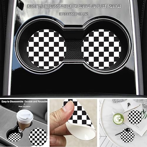 Miniatura 3 de Paquete de 2 posavasos a cuadros para automóvil, portavasos de automóvil de 2.75 pulgadas, tapete universal de goma antideslizante para bebidas