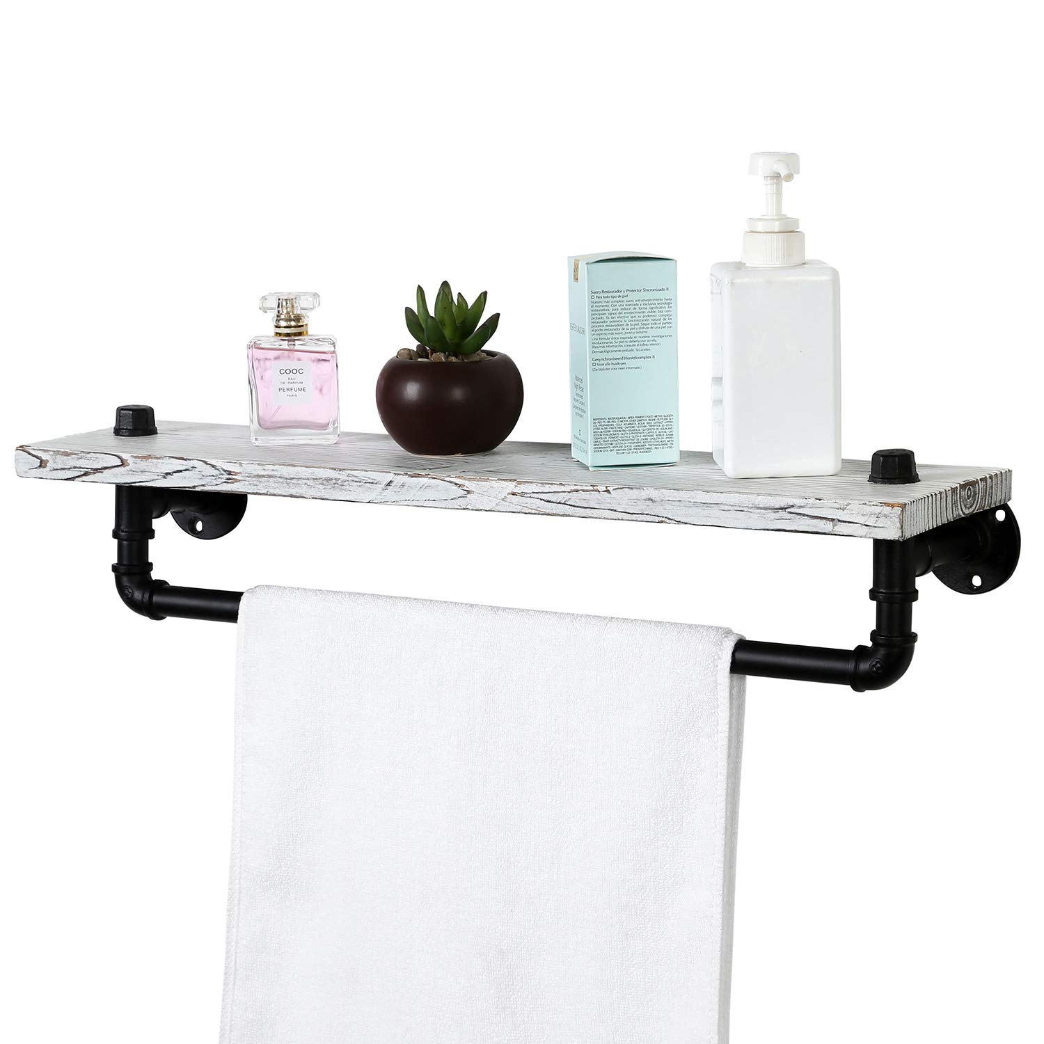 MyGift Shabby Whitewashed Wood Small Bathroom Shelf Wall Mounted Industrial Metal Pipe Towel Bar