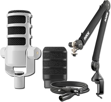 Rode PodMic Dynamic Broadcast Microphone White with PSA1+ Microphone Boom Arm, WS14 Pop Filter, and Premium XLR Cable Black
