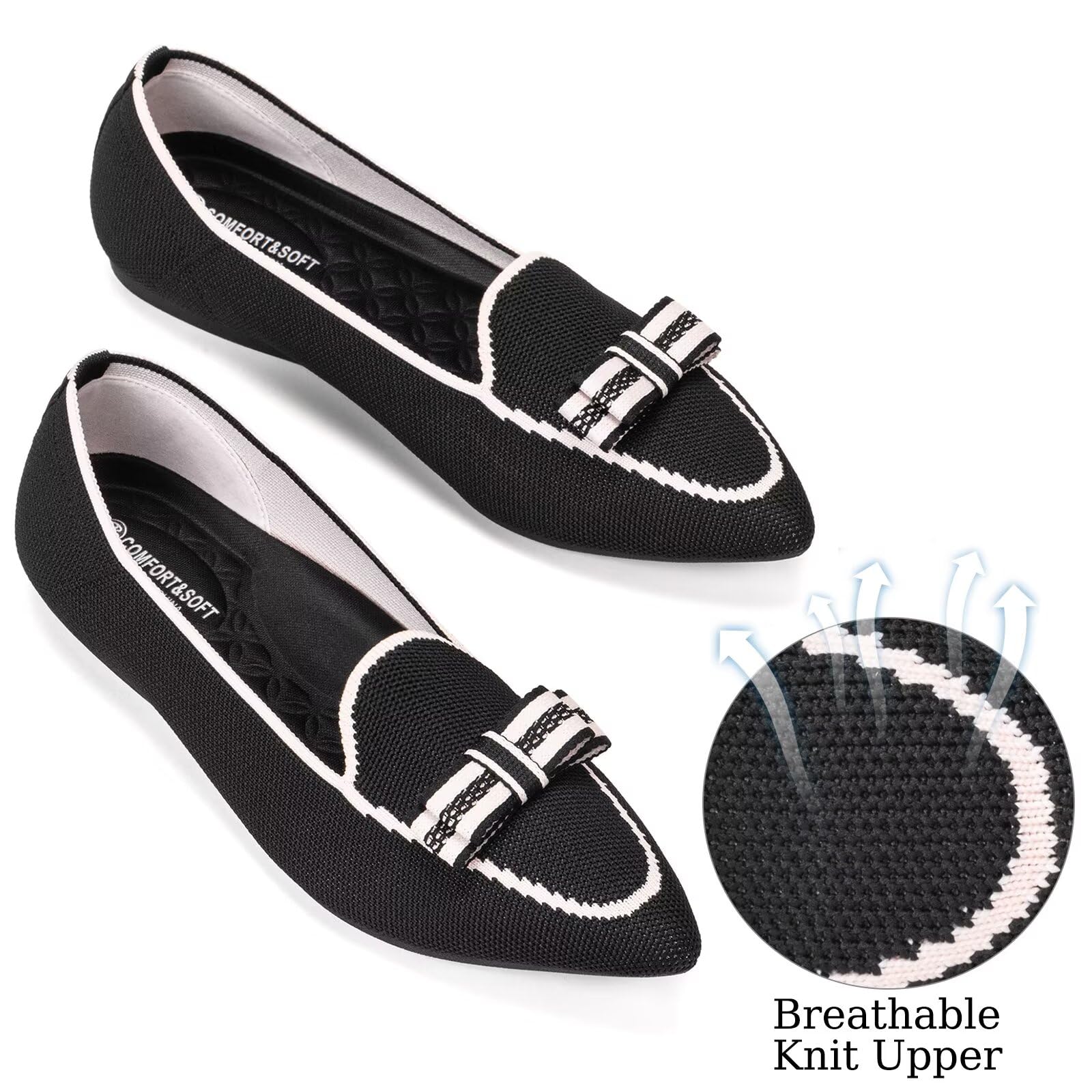 BEJINASH Mocasines planos para mujer, de tela de punto, ligeros, elegantes, lavables, elegantes, puntiagudos, con lazo, cómodos, perfectos para el día a día
