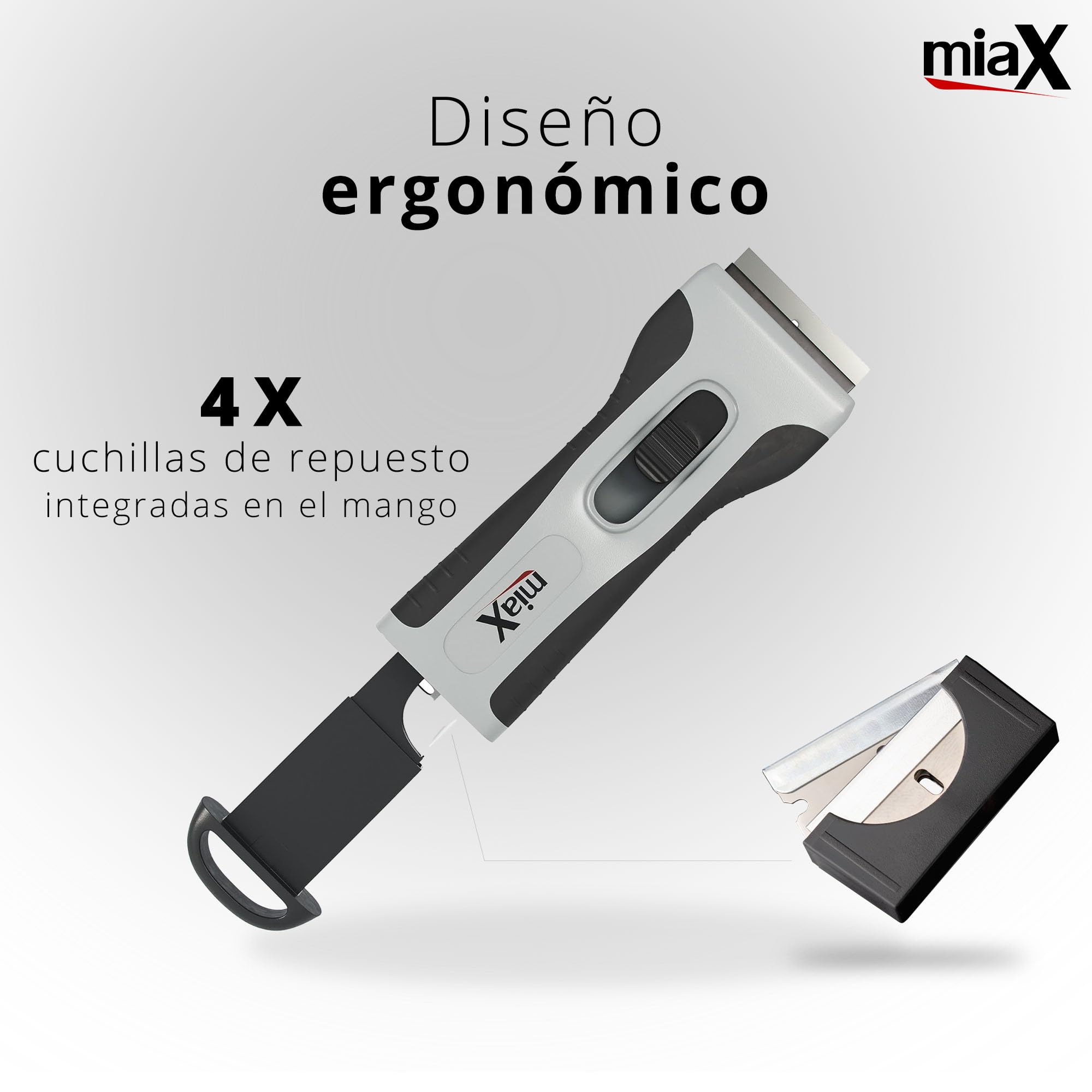 miaX Rasqueta Vitrocerámica Profesional Soft-Touch con Cuchillas Integradas | Rascador para cristal, cocina y hogar, cuchillas de repuesto integradas, agarre cómodo, diseño estable