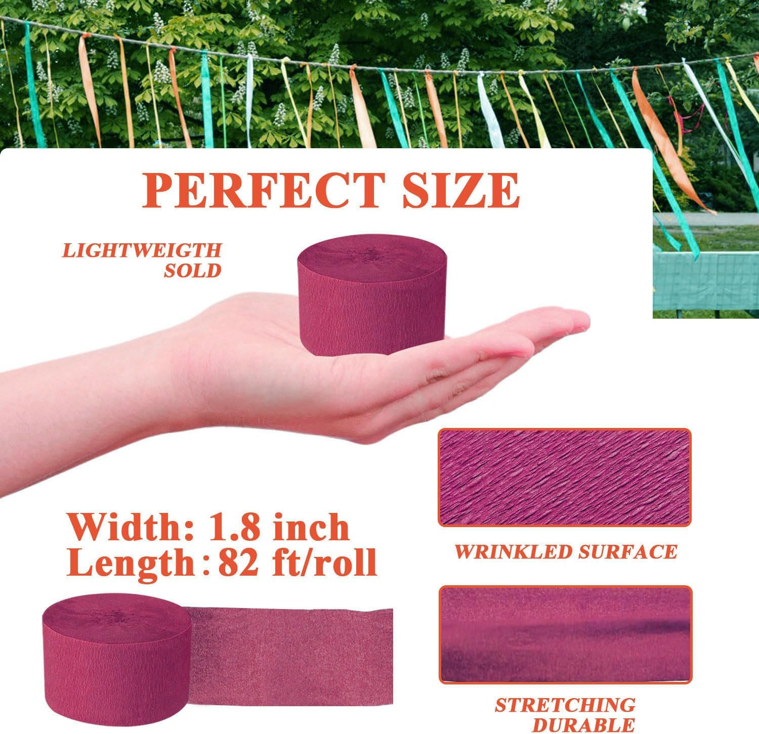 Burgundy Crepe Paper Streamers 8 Rolls, Party Streamers for Birthday Wedding Baby Bridal Shower Decorations Halloween Christmas Craft Supplies (1.8 Inch x 82 Ft/Roll, 656ft)