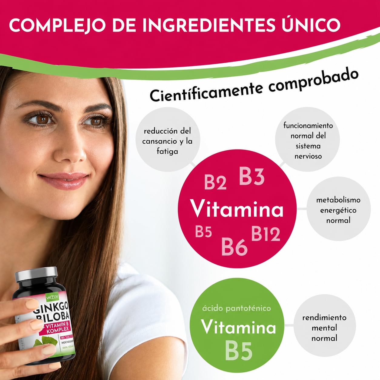 VROODY Ginkgo Biloba Vegano 6000mg Alta Dosis con Complejo de Vitaminas B | Ayuda a Reducir el Cansancio y la Fatiga | 365 Mini Comprimidos Fáciles de Tragar | Suministro para 1 Año