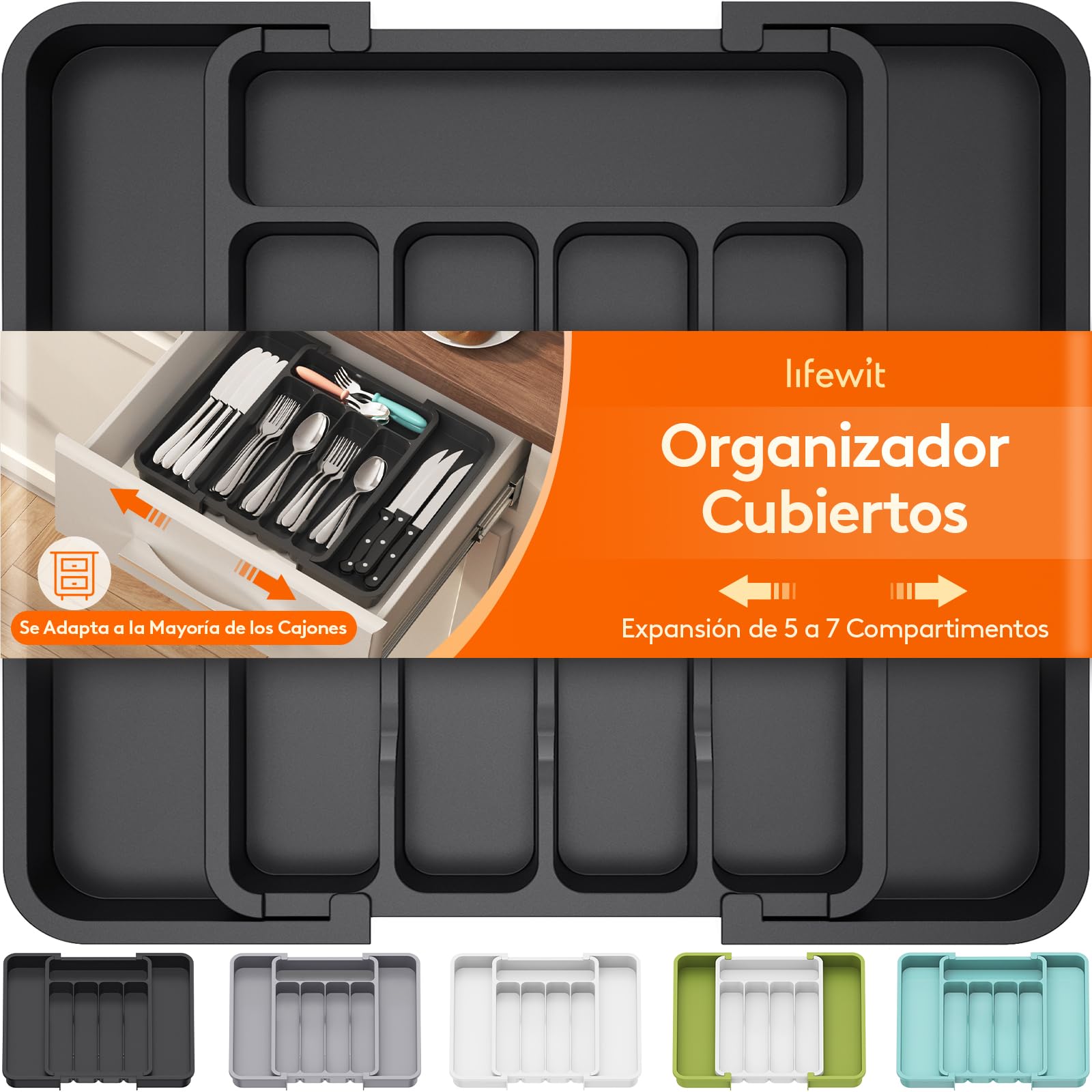 Lifewit Rangement Couvert pour Tiroir, Range-Couvert Extensible, Organisateur Couvert Cuisine, Boite Rangement Pour Cuillères, Fourchettes, Couteaux, Profondeur 31 cm, Largeur 23-37cm, Noir Recycled Claim Standard 100