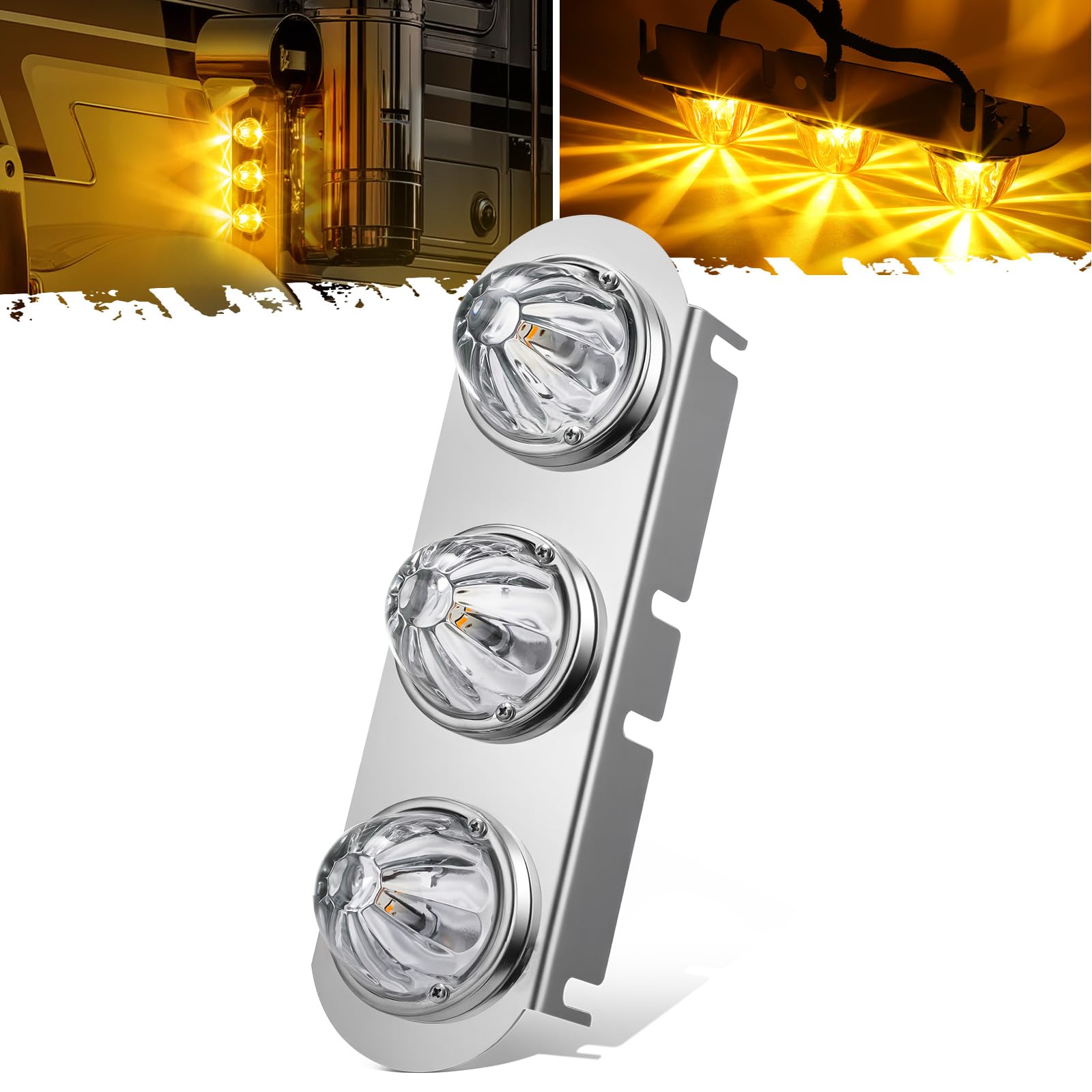 Photo 1 of Partsam 1Pcs Radius-Style 14" Front Air Cleaner Light Bar with 3Pcs Glass Watermelon Lights, Stainless Steel Bracket, Compatible with Peterbilt Kenworth Freightliner Trucks, Clear Lens