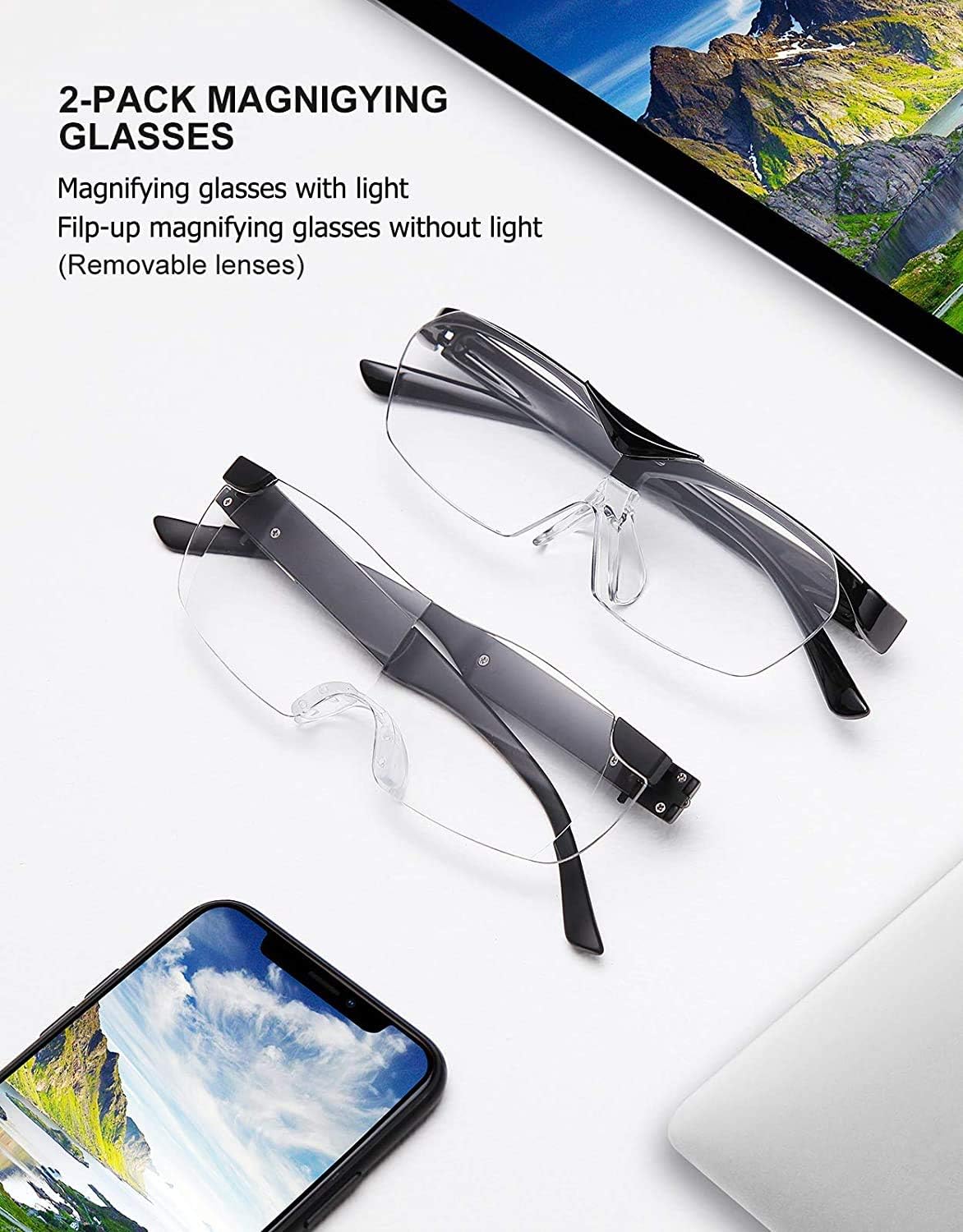 SKYWAY 160% Magnifying Glasses with LED Light, Rechargeable Lighted Magnifier Eyeglasses for Reading Small Prints Labels, Close Work, Needlepoint Sewing Crafts Hobbies Hands Free 2-Pack 1.6X
