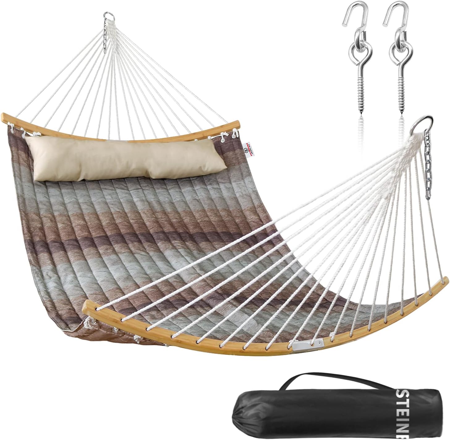 2 Person Hammock with Hanging Kits, Quilted Hammock for Tree with 2 Pcs Heavy Duty Stainless Steel Hooks, 1 Detachable Pillow, Curved Spreader Bar, Chains, Carrying Bag, 450 LBS Capacity