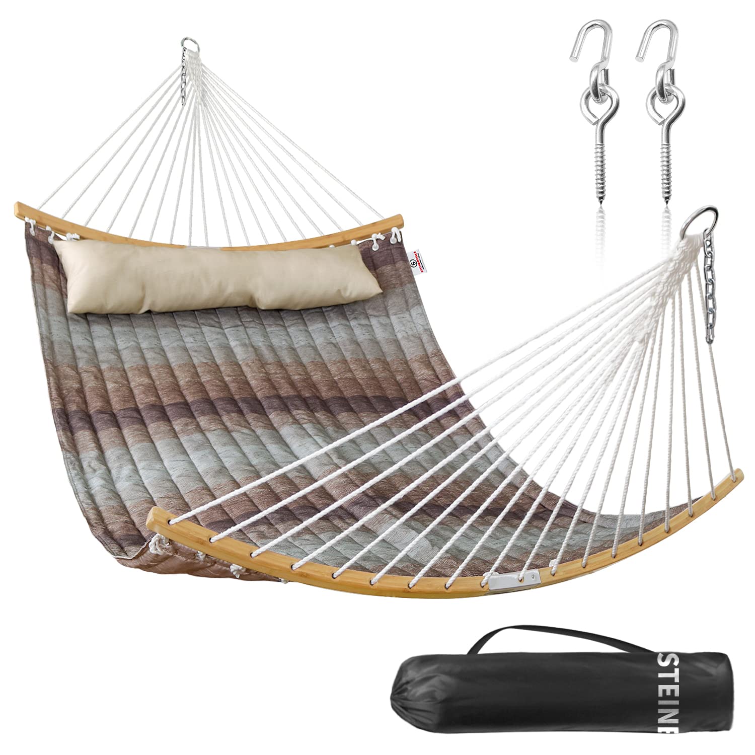 Hamaca Doble con 2 Tornillos Ganchos, 335 cm, Hamaca Exterior para 2 Personas con Almohada, Cadenas, Bolsa de Transporte, para Interiores y Exteriores, Carga 204 Kg, Verde Agua