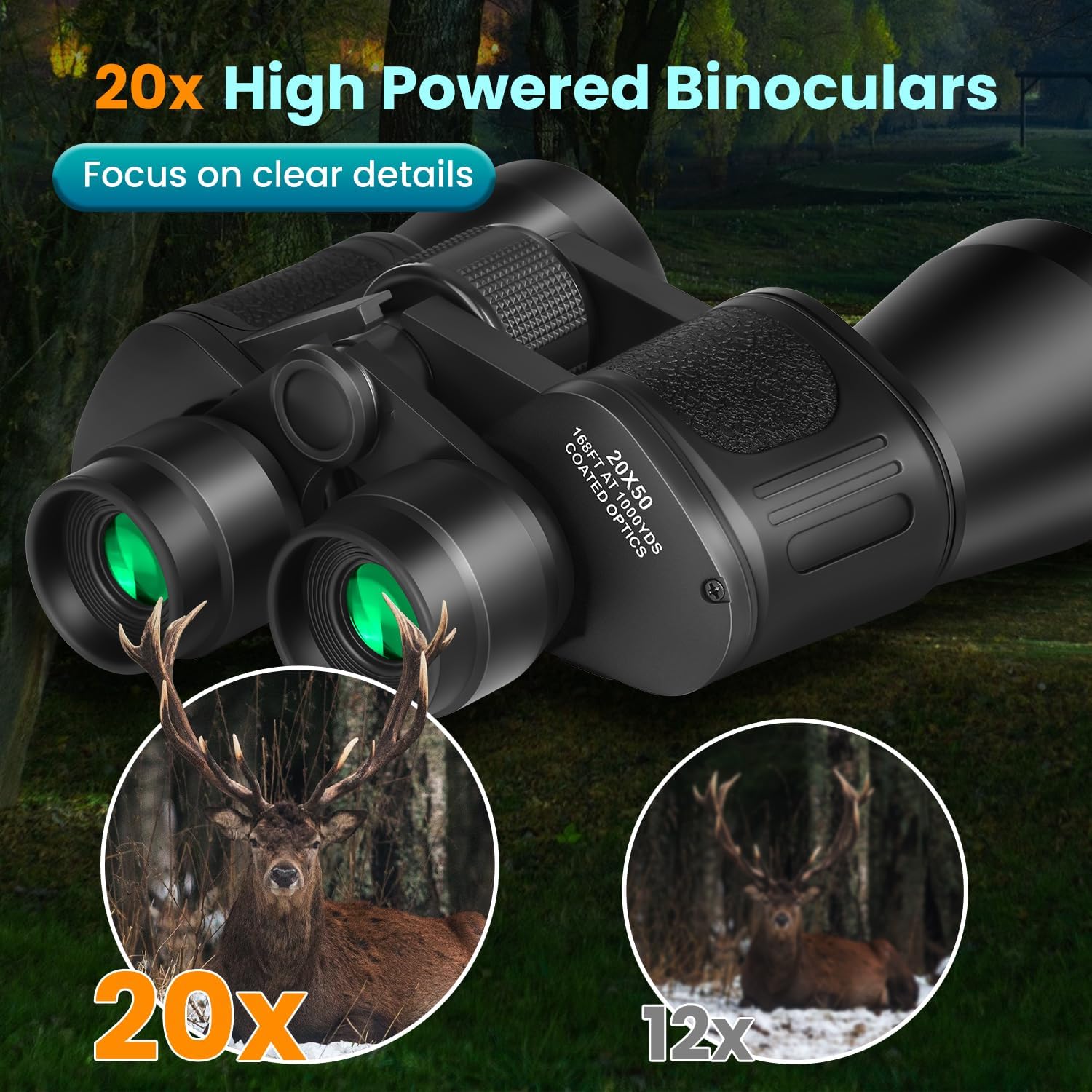 20x50 High Powered Binoculars for Adults, Waterproof Compact Binoculars with Low Light Vision Easy Focus for Bird Watching Hunting Travel Stargazing Cruise with Carrying Bag