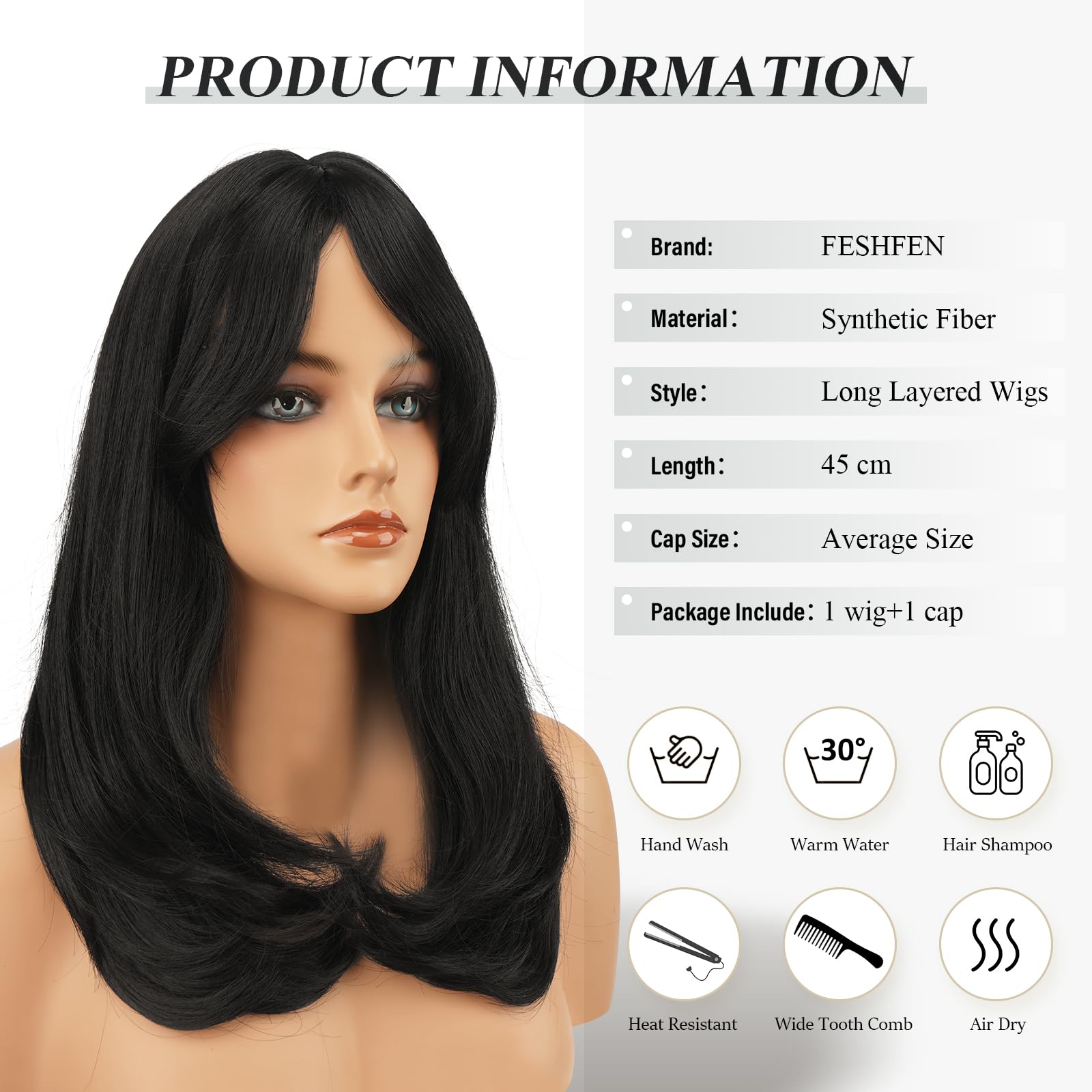 FESHFEN Larga Pelucas con Flequillo, Sintética de Cabello Natural Peluca de Pelo para Mujeres, 45 cm Negro