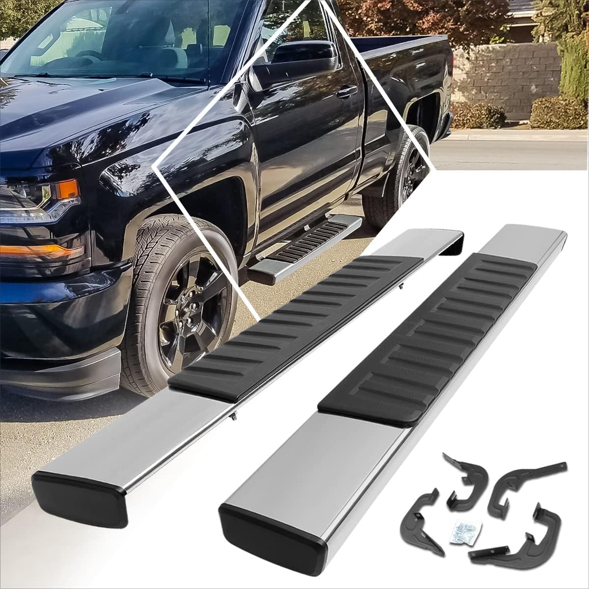 Pair of 6" Chrome Stainless Steel Running Boards Side Steps Nerf Bars Compatible with 07-19 Silverado Sierra Regular Cab