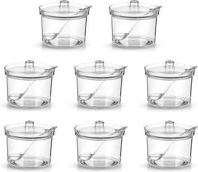 Dimeho 8 Pcs Clear Sugar Bowls Acrylic Salt Storage Jar with Lid and Spoon Organizer Condiment Holder Bottle Case for Kitchen Tea Spices Seasoning Restaurants Cocoa Bar