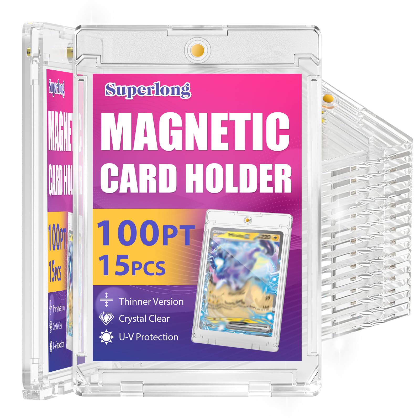 Superlong 15ct 100pt Magnetic Card Holders for Trading Cards Display | 0.24" Slim Profile…