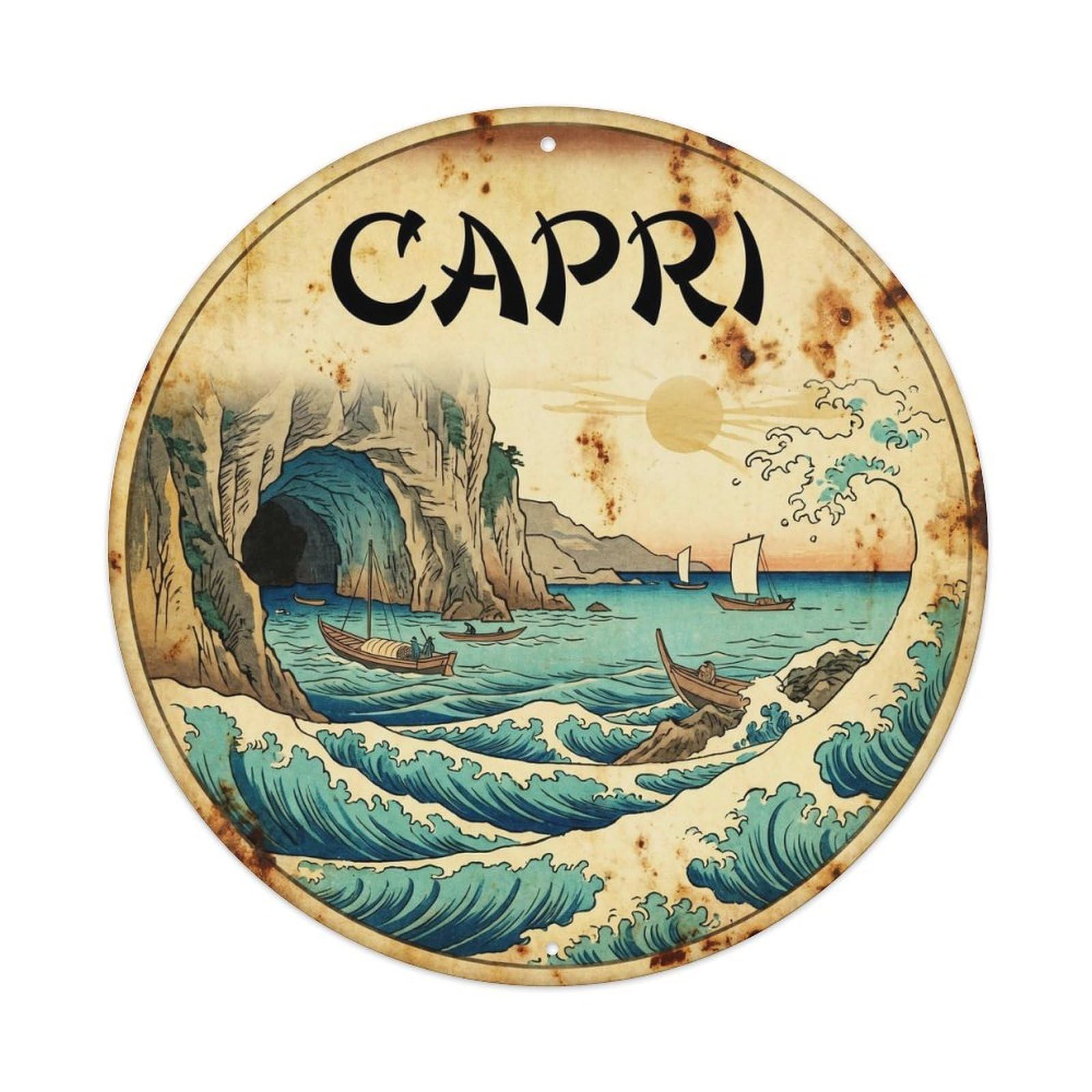 Olyhtr 8X8inch Classic Style Capri Harbor Travel Classic Illustration Metal Tin Sign