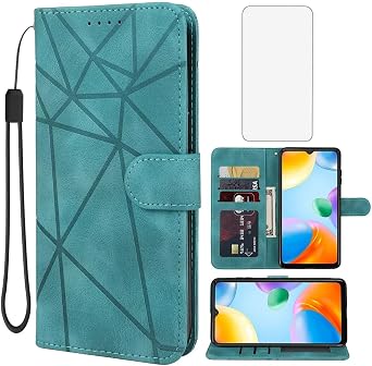 Case for Redmi 10C Case, Redmi 10 Power 220333QBI Wallet Case with Tempered Glass Screen Protector, Skin Feel PU Leather Flip Credit Card Holder Stand Phone Cover for Xiaomi Redmi 10C Green