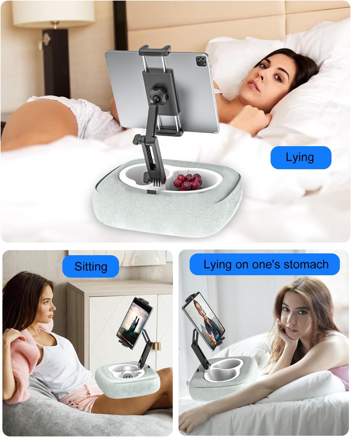 Tablet Pillow Stand [Organic Cotton & Food Grade Tray] Adjustable Kindle Pillow Stand Holder for Lap/Bed/Couch/Desk, Fits 4.7-15.6" iPad, Kindle, Galaxy Tab, Phone, Detachable Bowl