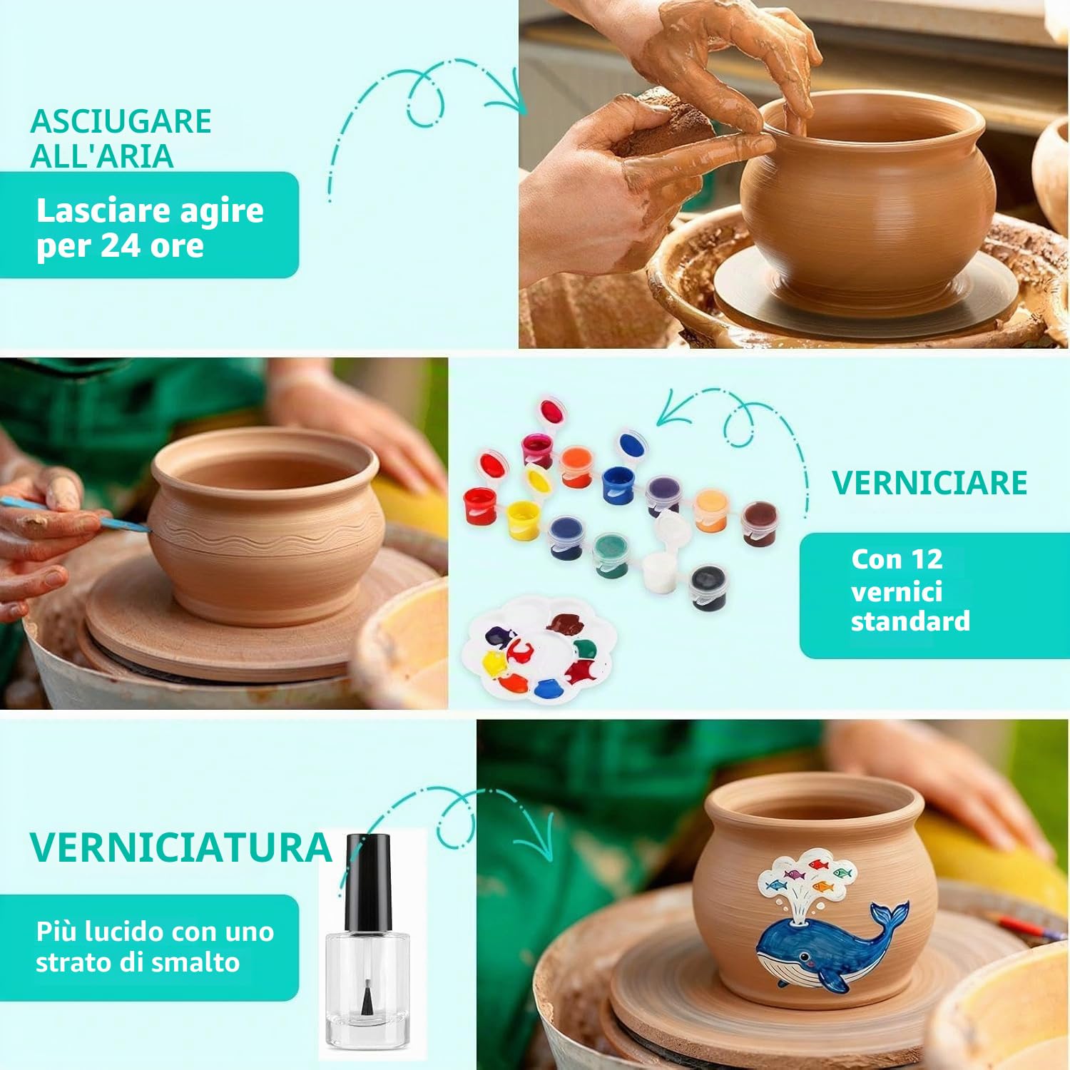 Ruota per Ceramica per Bambini,Set di Ceramiche per Bambini,Mini tornio Elettrico,Macchina per Ceramica con Argilla,Colori,Adesivi Diamantati,Regalo Compleanno Bambinis e Bambine 6+ Anni,Verde