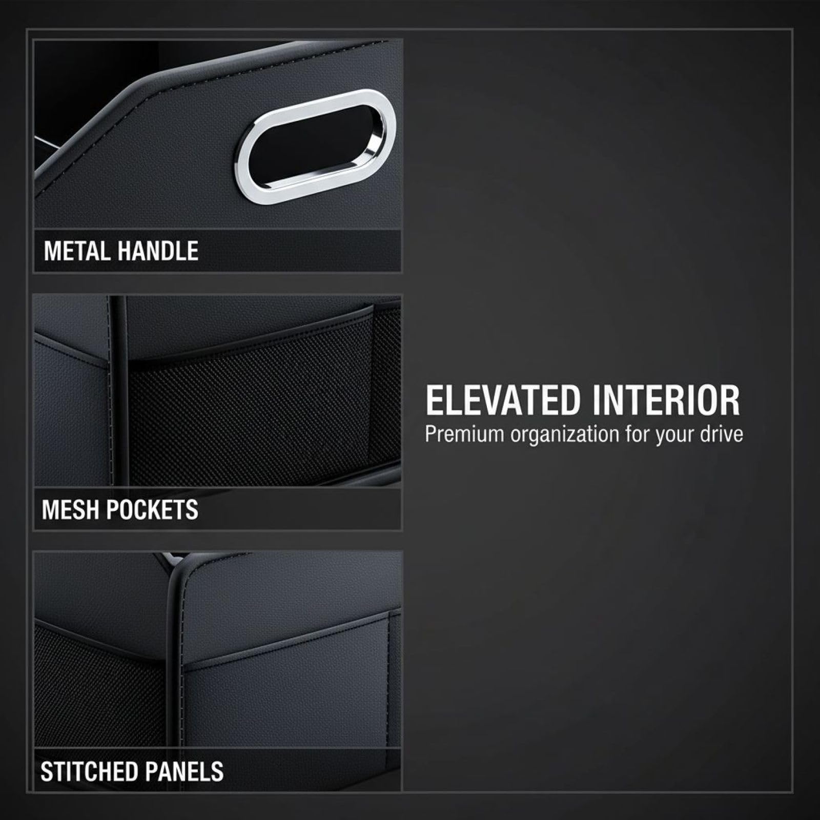Organizer per auto, in pelle PU nera con design diviso, maniglie in metallo, 29 x 32 x 23,1 cm, organizer per auto lavabile per sedile passeggero, bagagliaio, cabina del veicolo
