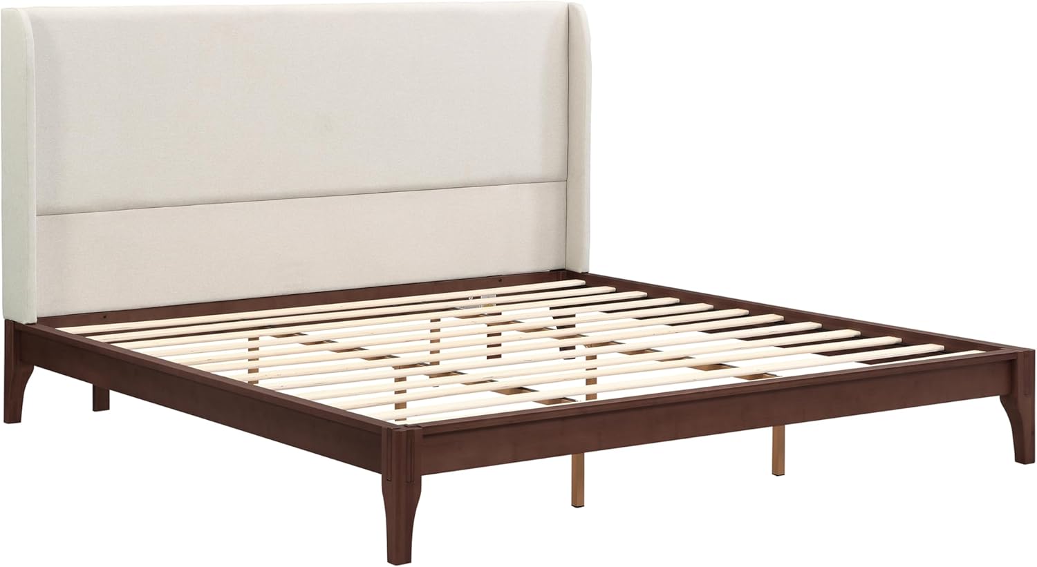 Merax Mid-Century Bamboo Platform Bed with 48" Upholstered High Headboard, King Size Bed Frame with Wood Slat Support, No Box Spring Needed, Easy Tool-Free Assembly, Beige+ Chocolate