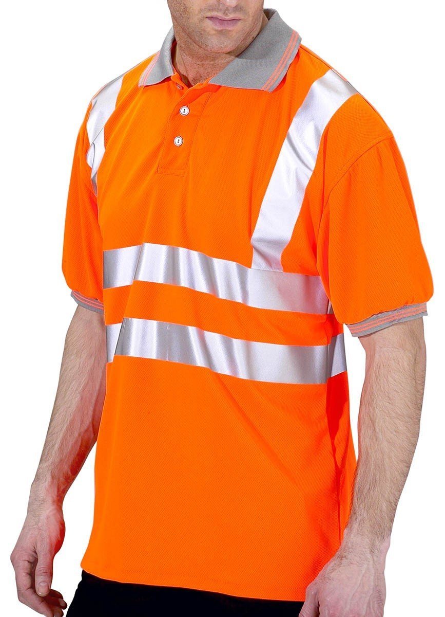 Men Hi Vis Short Sleeves Polo T-Shirts Double Reflective Tape High Visibility Work Tops Grey Colour Contrast Collar and Cuffs BSeen Branded